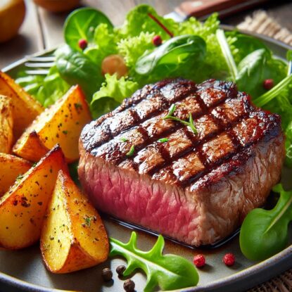 Pavé de bœuf sauce au poivre, potatoes et salade verte