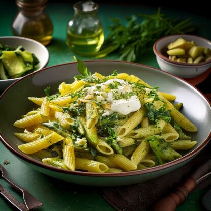 Salade de penne, courgettes, pesto et burrata