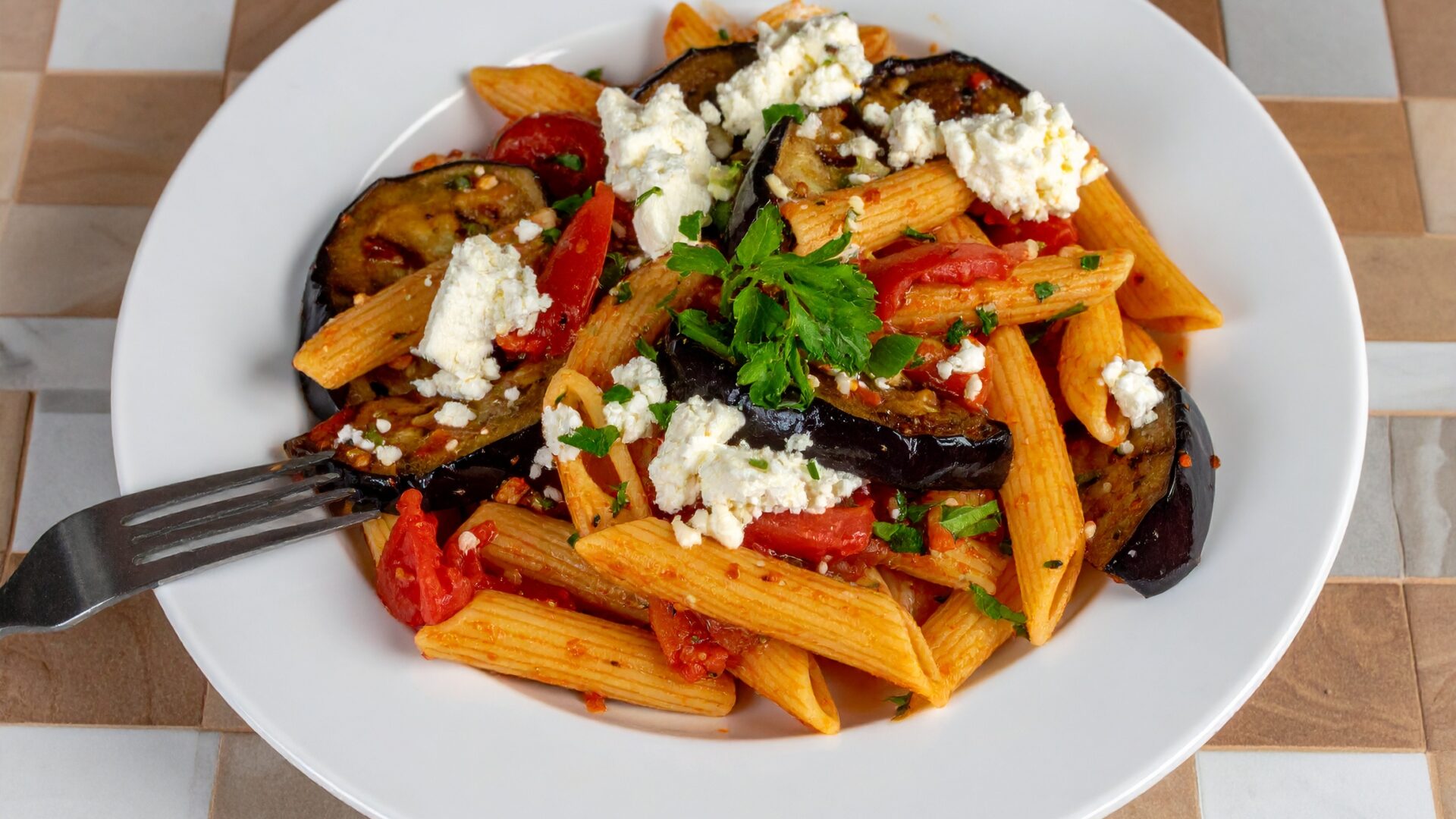 Penne aubergine et fêta