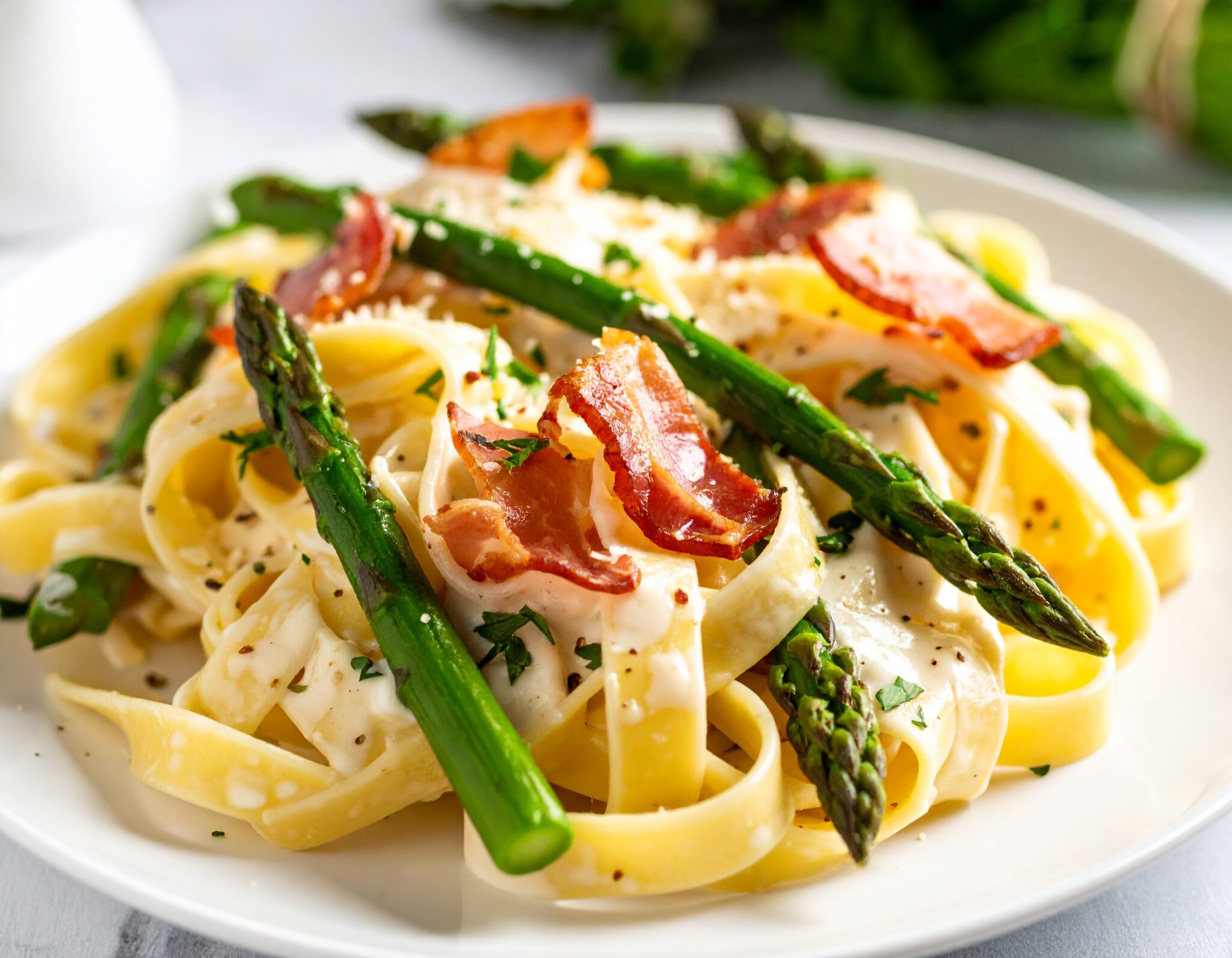Fettucine aux asperges pancetta et creme de taleggio