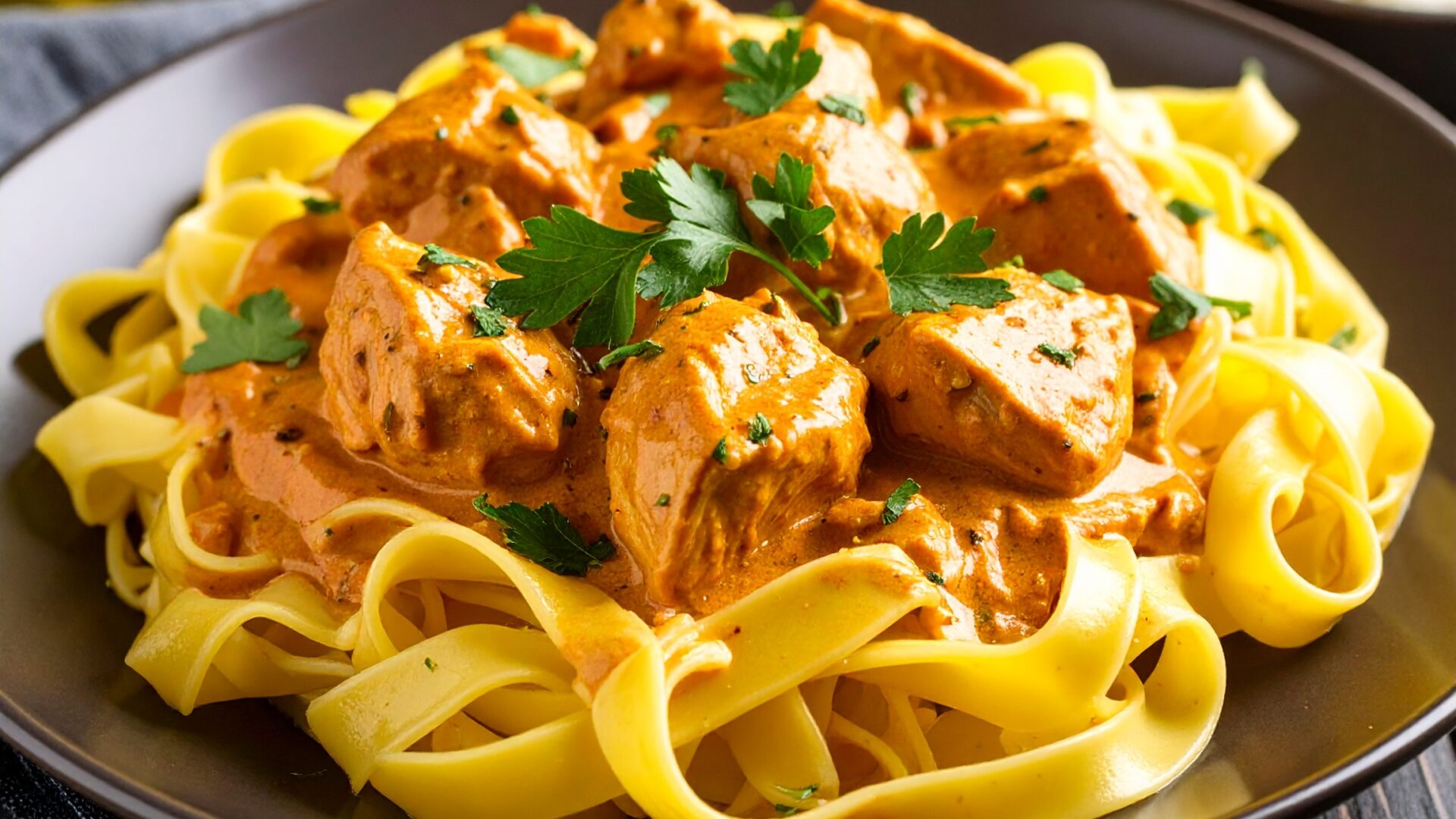Wok de poulet au curry et tagliatelles