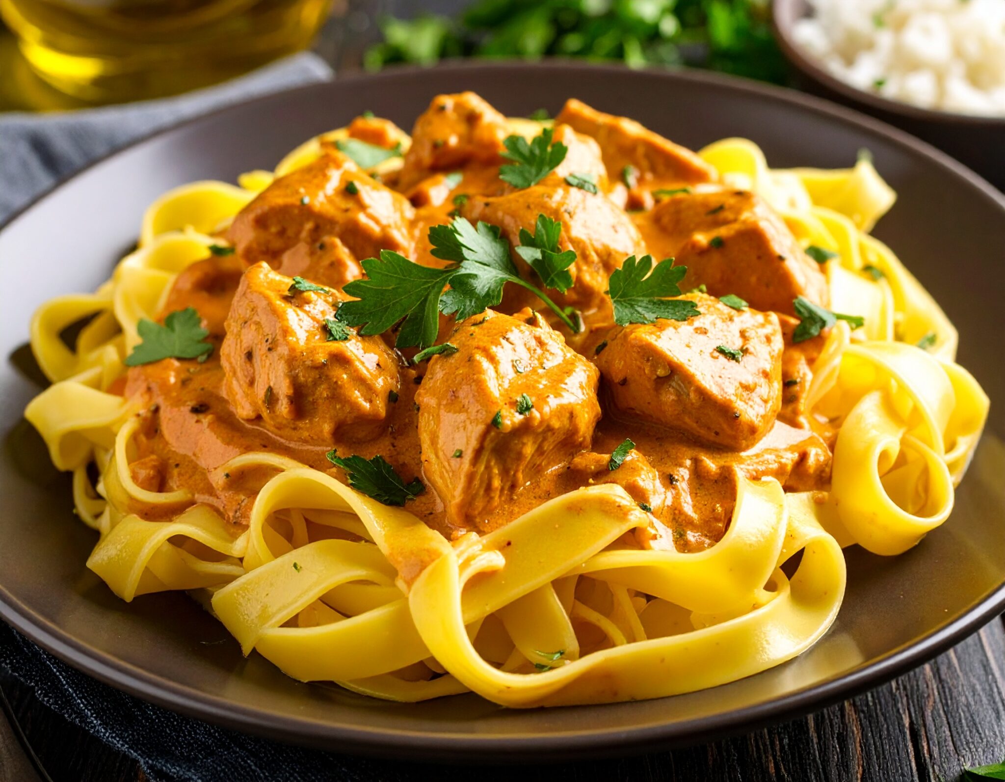 Wok de poulet au curry et tagliatelles