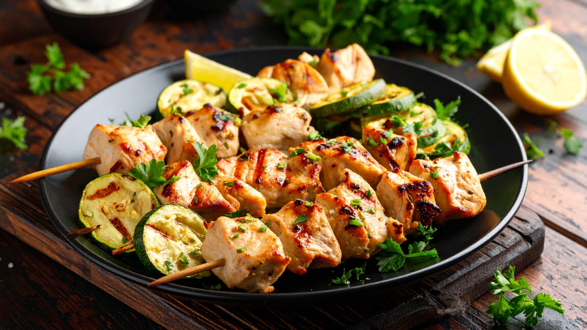Brochette de poulet marinée et poêlée de courgettes