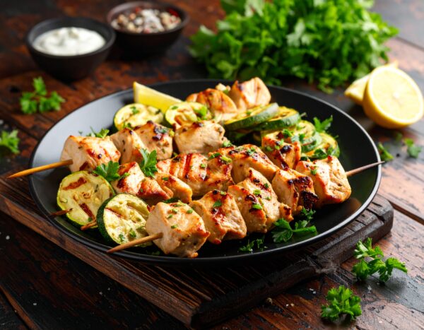 Brochette de poulet marinée et poêlée de courgettes