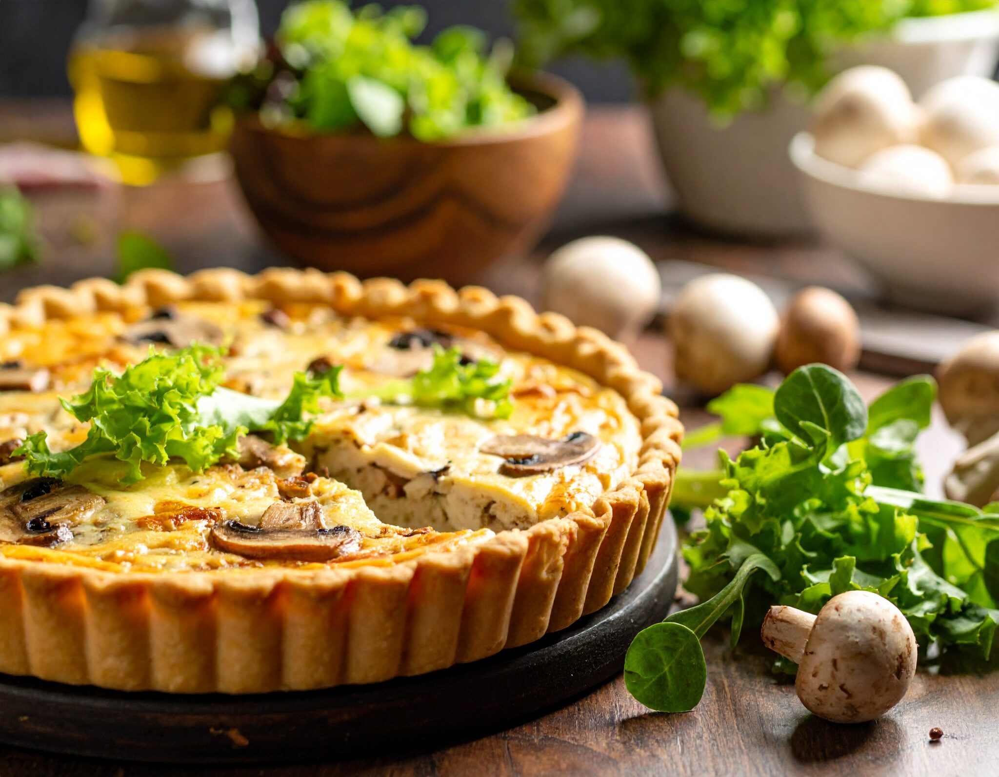Quiche poulet, champignons et salade verte