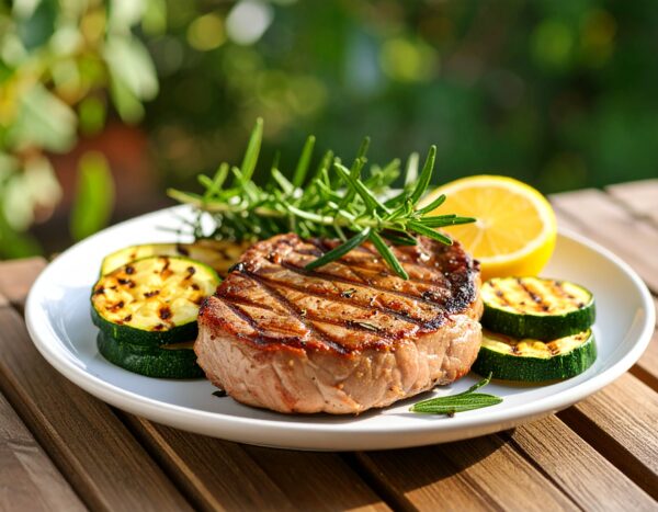 Côte de veau romarin et citron et courgettes poêlée à l'ail