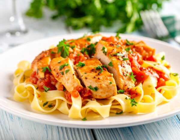Emincé de poulet à la provençale et Tagliatelles