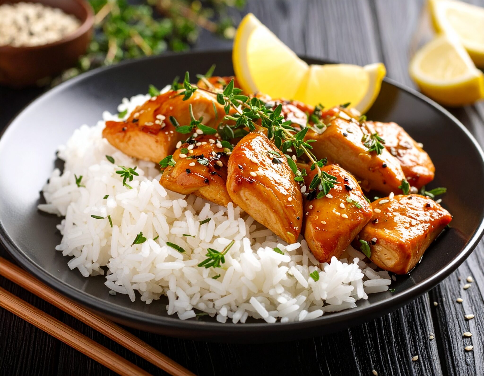 Wok de poulet thym citron et riz de Camargue