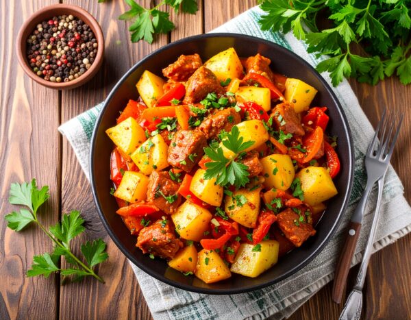 Wok de porc au piment d'espelette et pommes de terre sautées