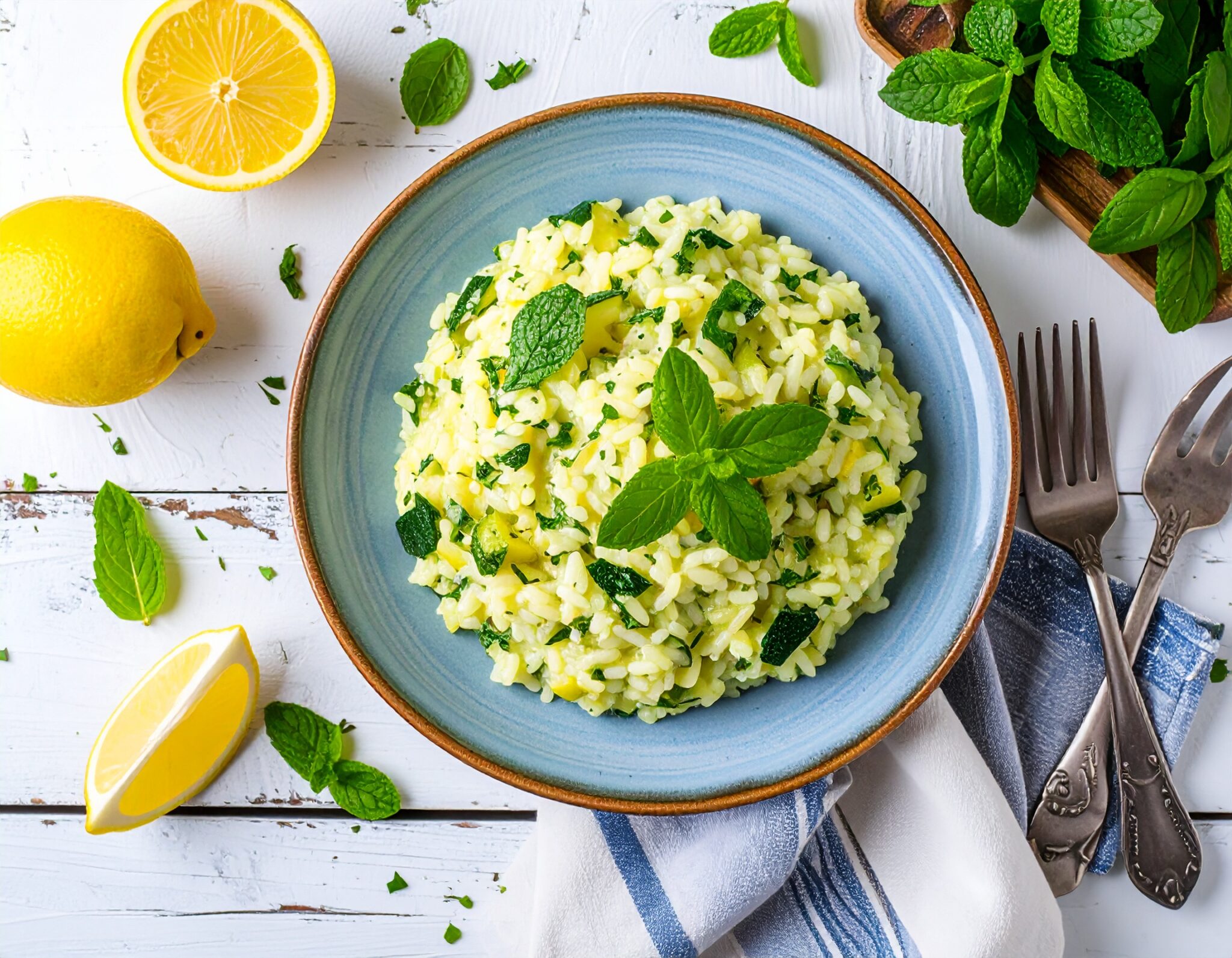 Risotto aux courgette, citron et menthe fraiche
