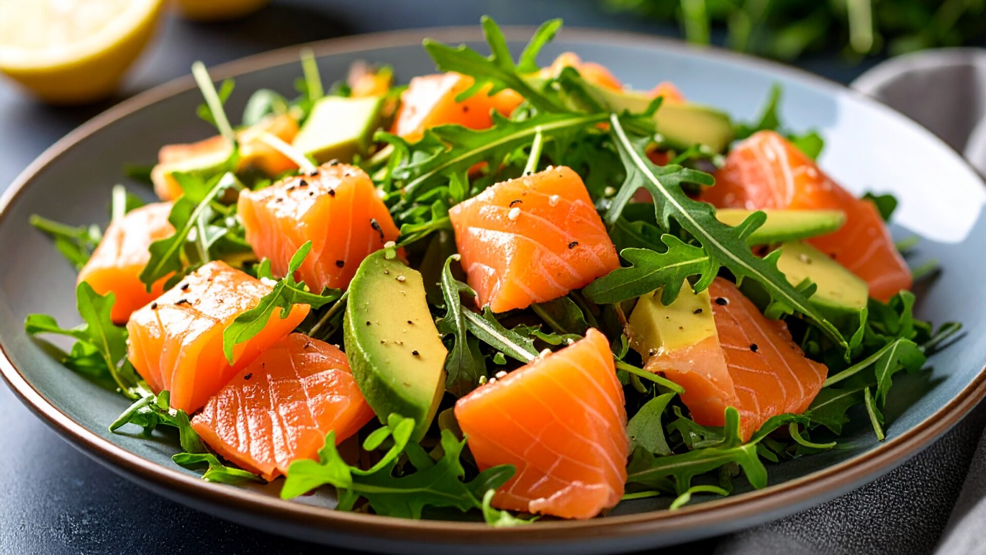 Salade de roquette, saumon fumé, avocat