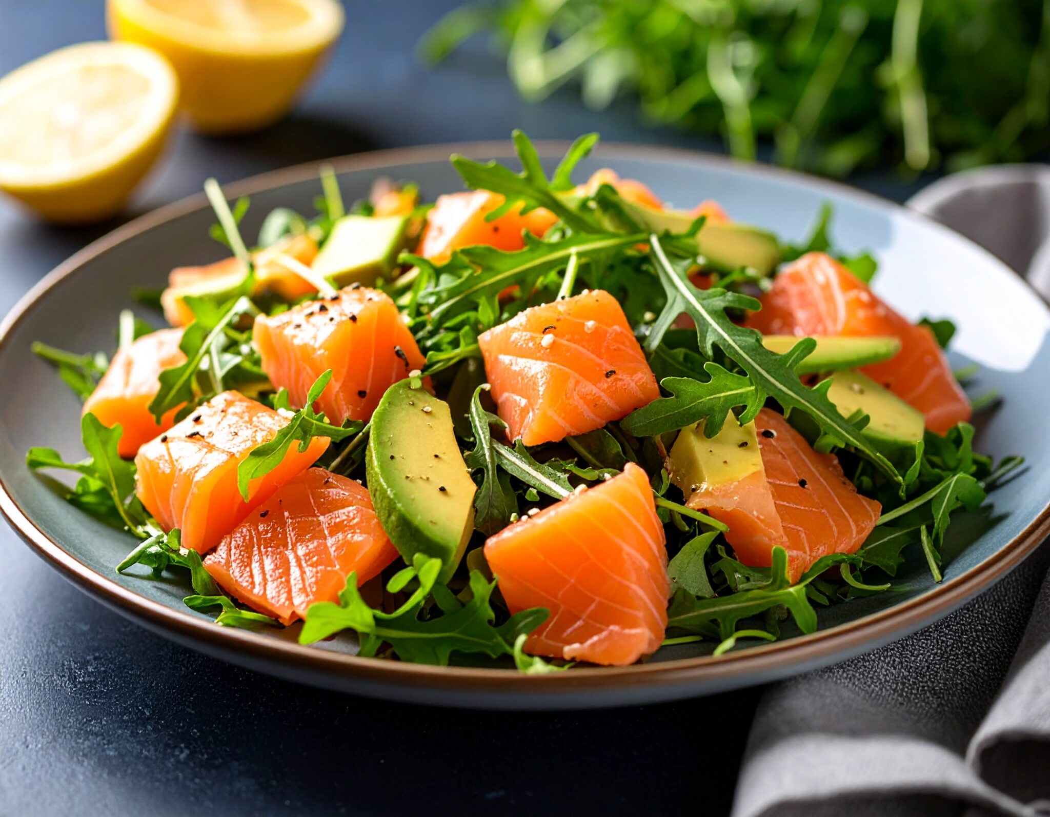 Salade de roquette, saumon fumé, avocat