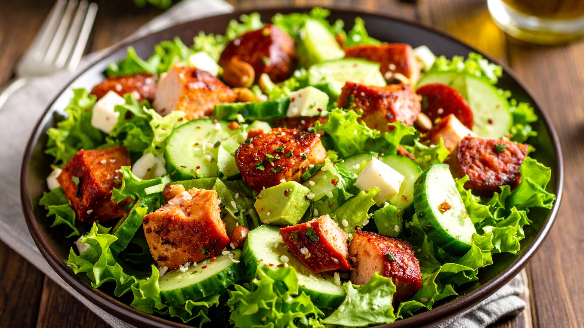 Salade poulet, chorizo et concombre