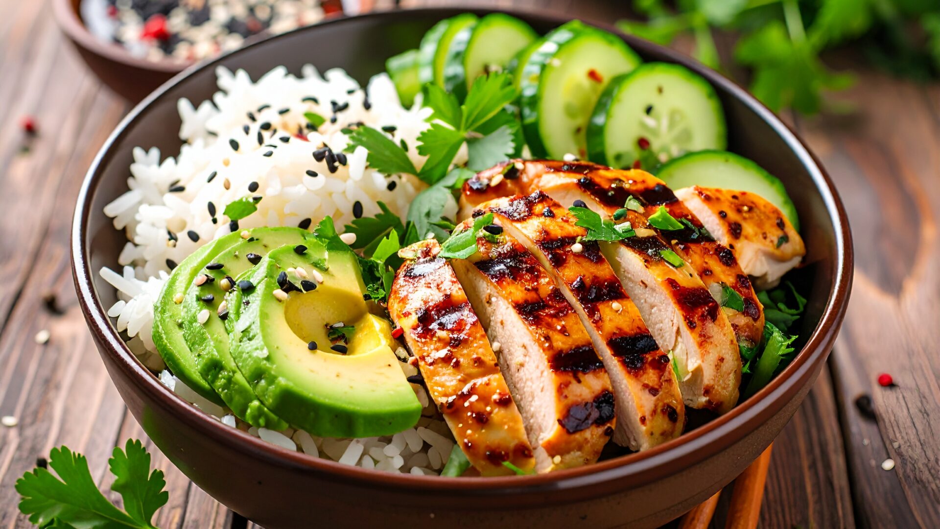 Bowl de poulet grillé, riz et légumes croquants