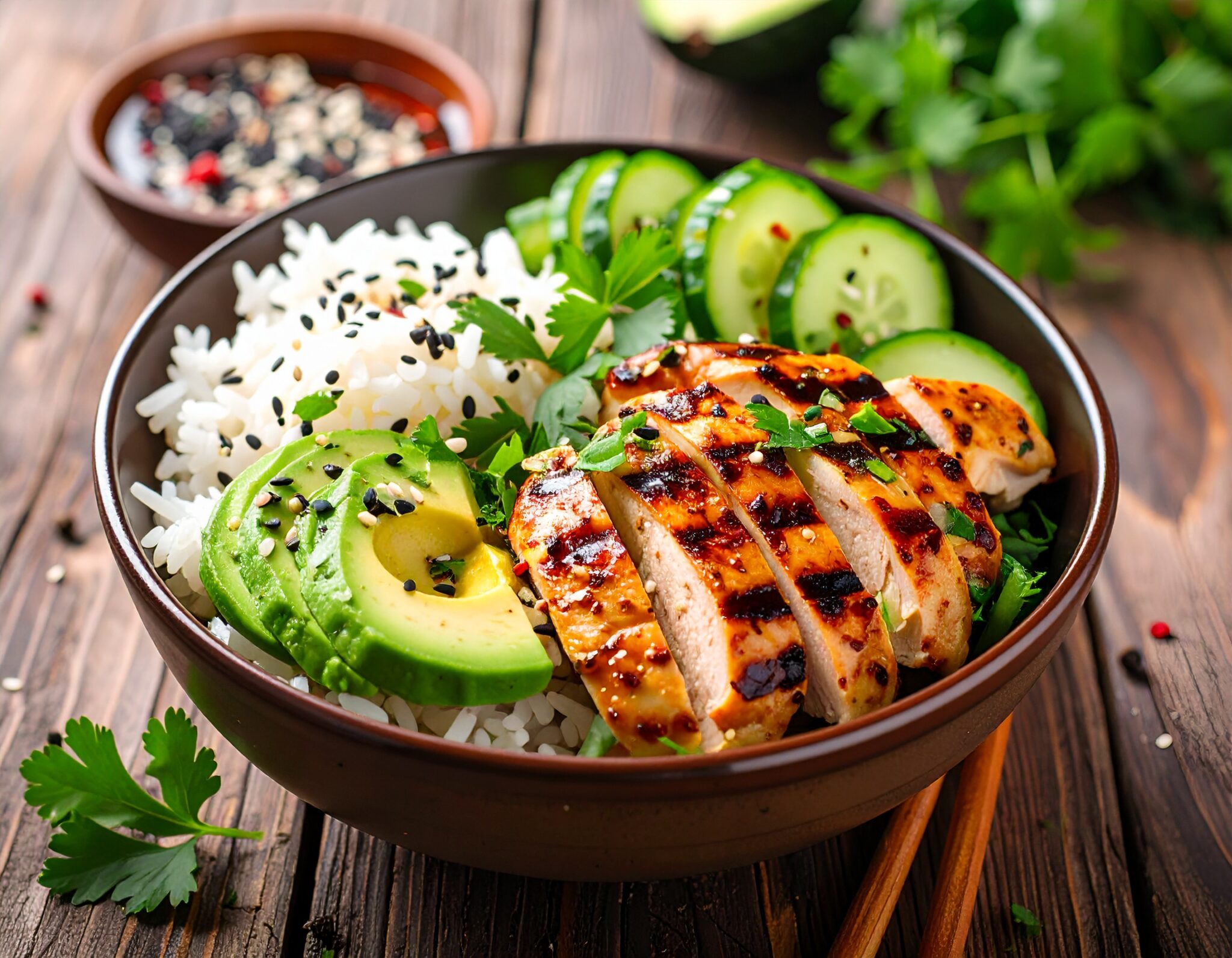 Bowl de poulet grillé, riz et légumes croquants