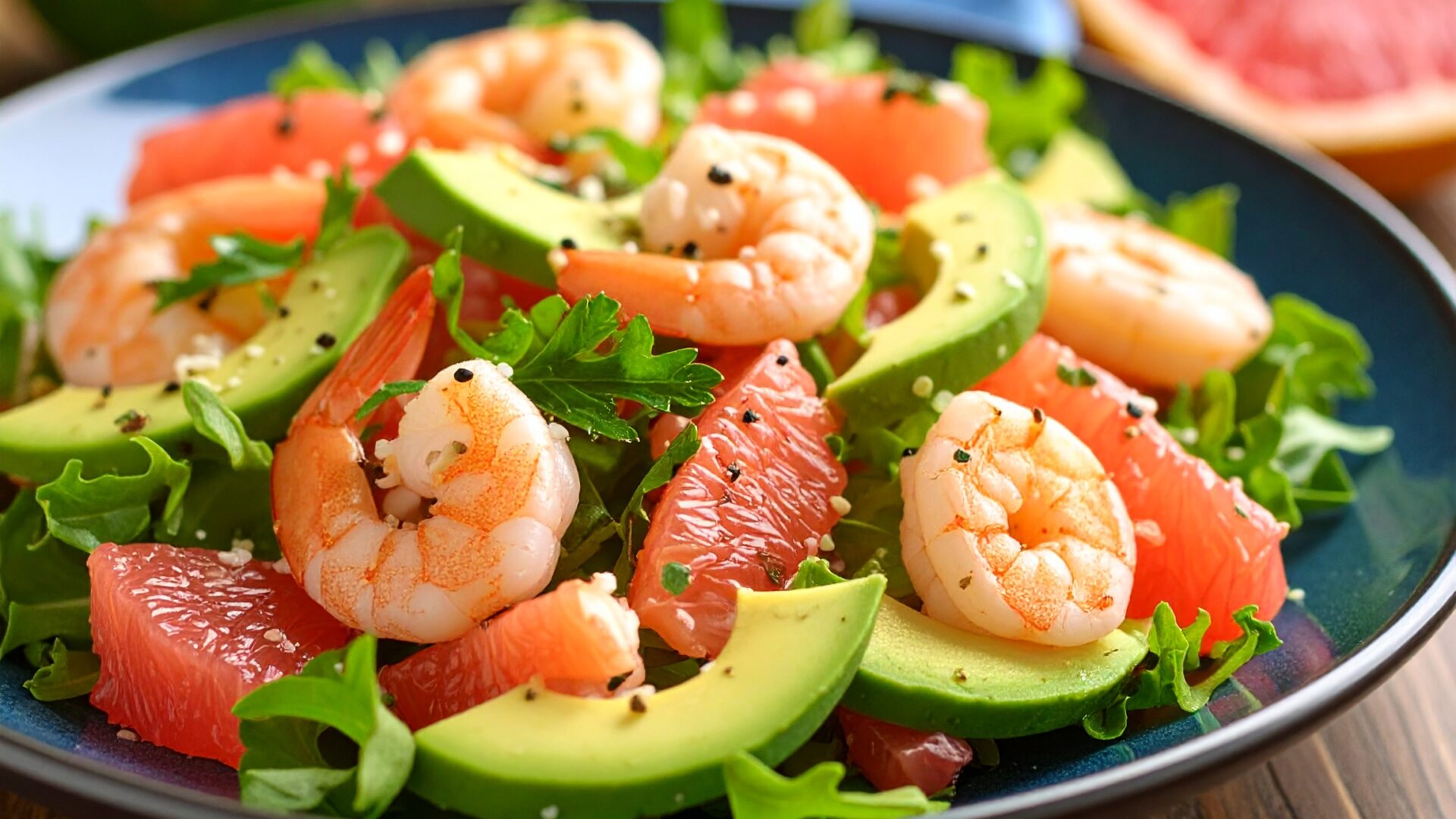 Salade de crevettes, pamplemousse et avocat