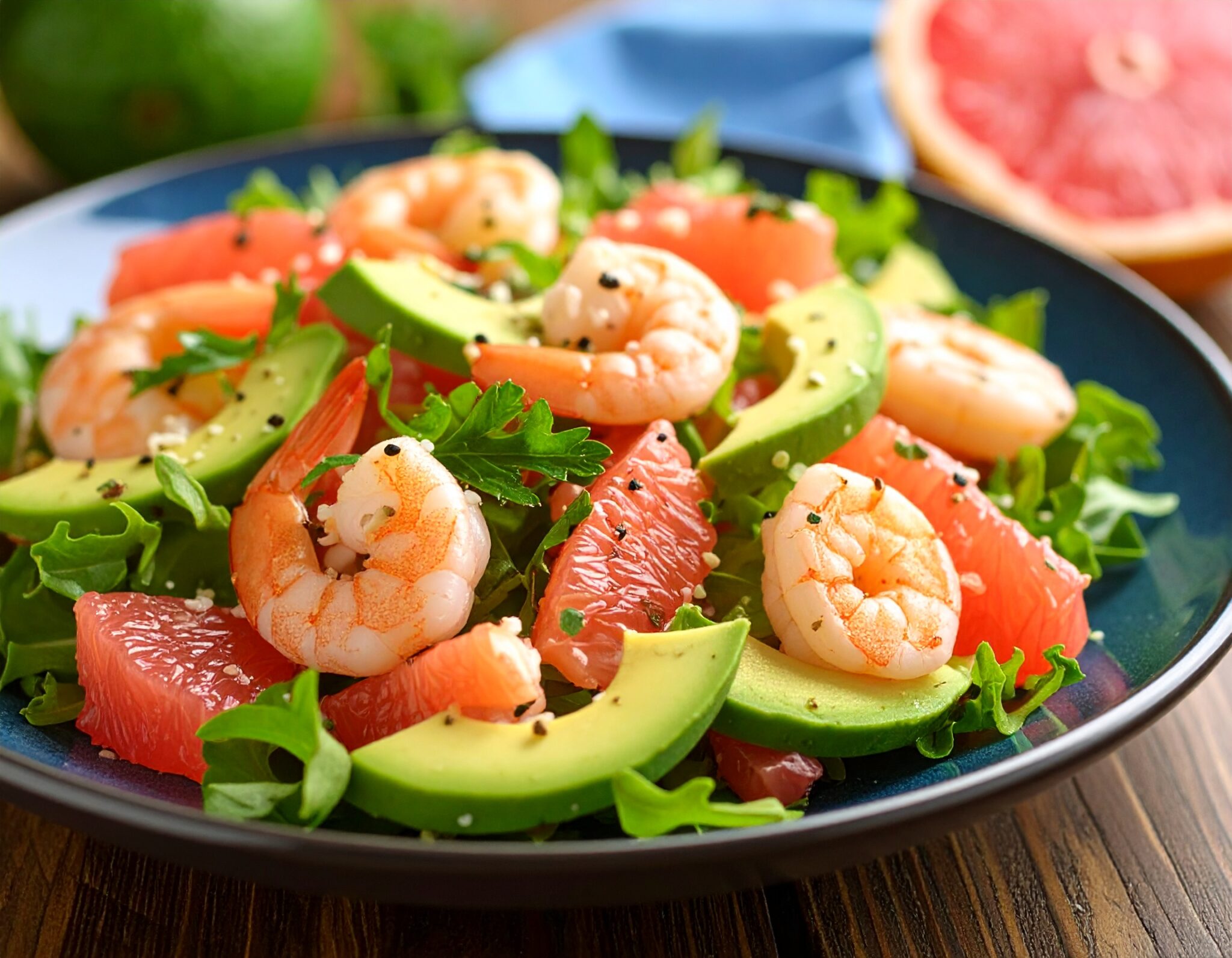 Salade de crevettes, pamplemousse et avocat