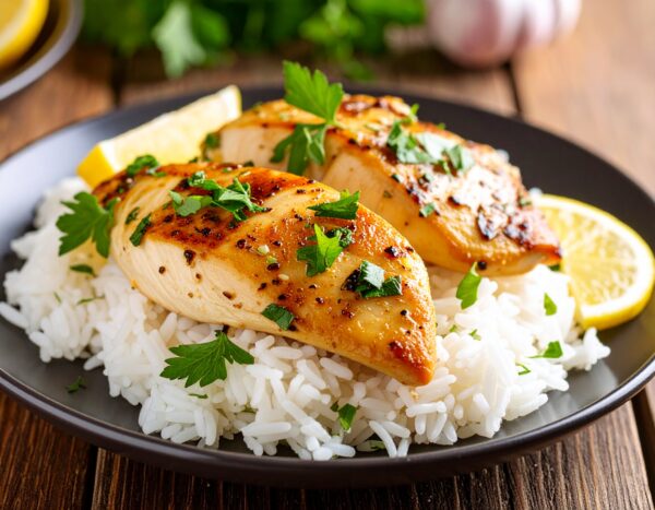 Poulet Mariné citron et ail et riz de Camargue