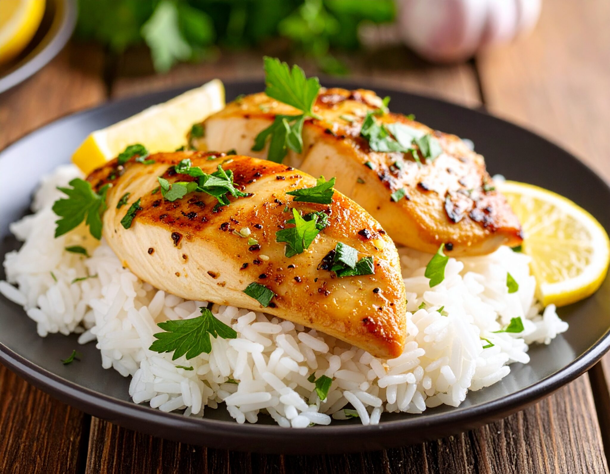 Poulet Mariné citron et ail et riz de Camargue