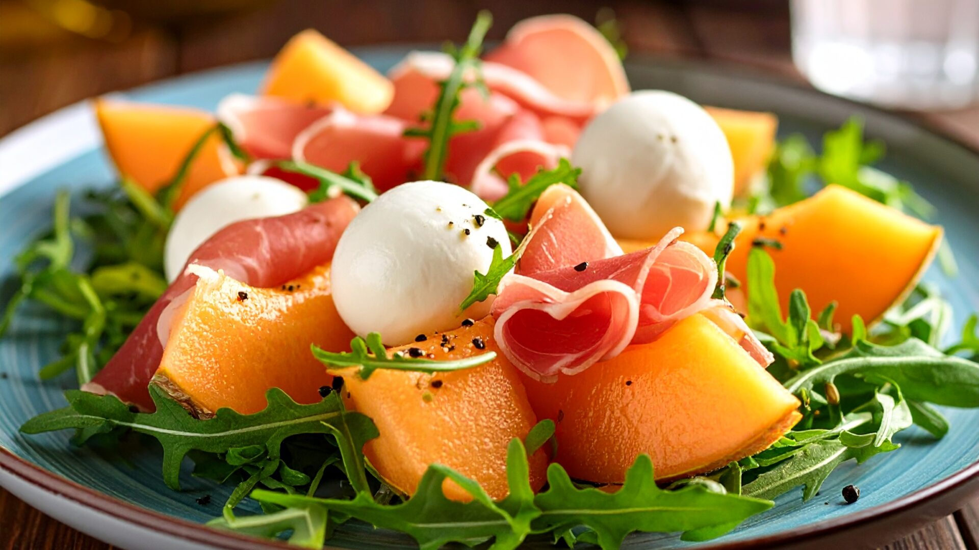 Salade gourmande melon, jambon cru et mozzarella