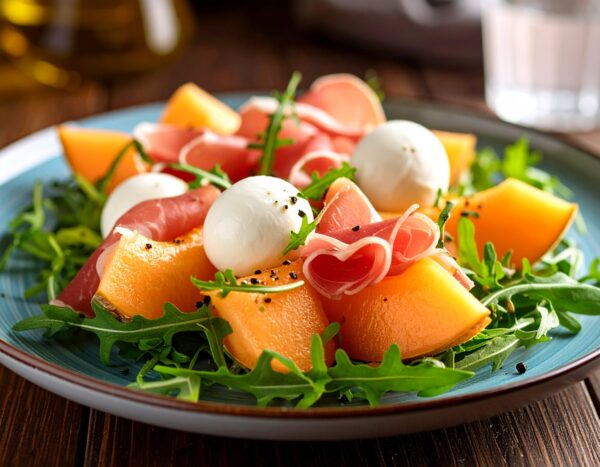 Salade gourmande melon, jambon cru et mozzarella