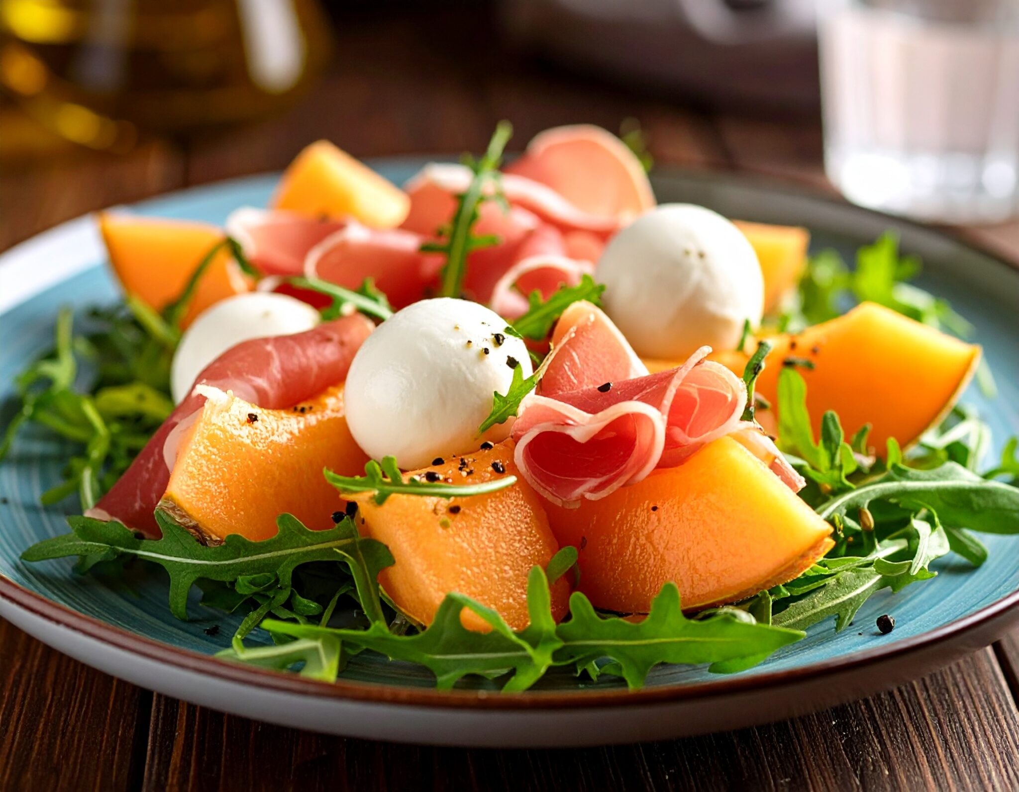 Salade gourmande melon, jambon cru et mozzarella