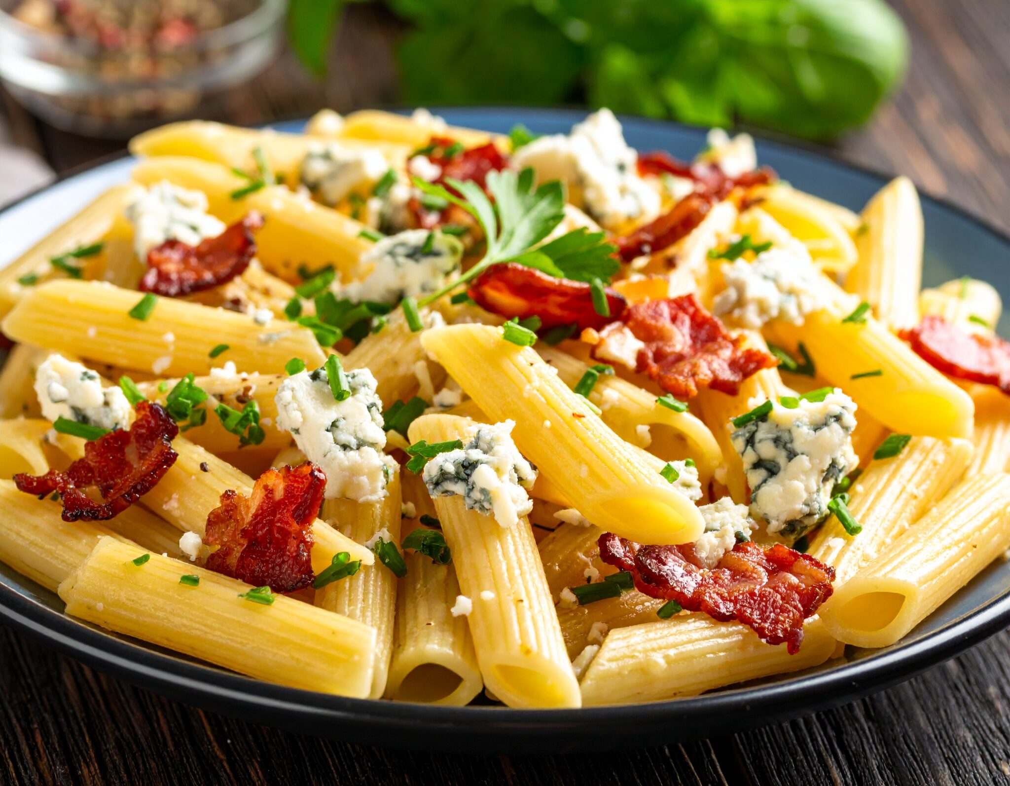 Penne au bacon bleu et ciboulette