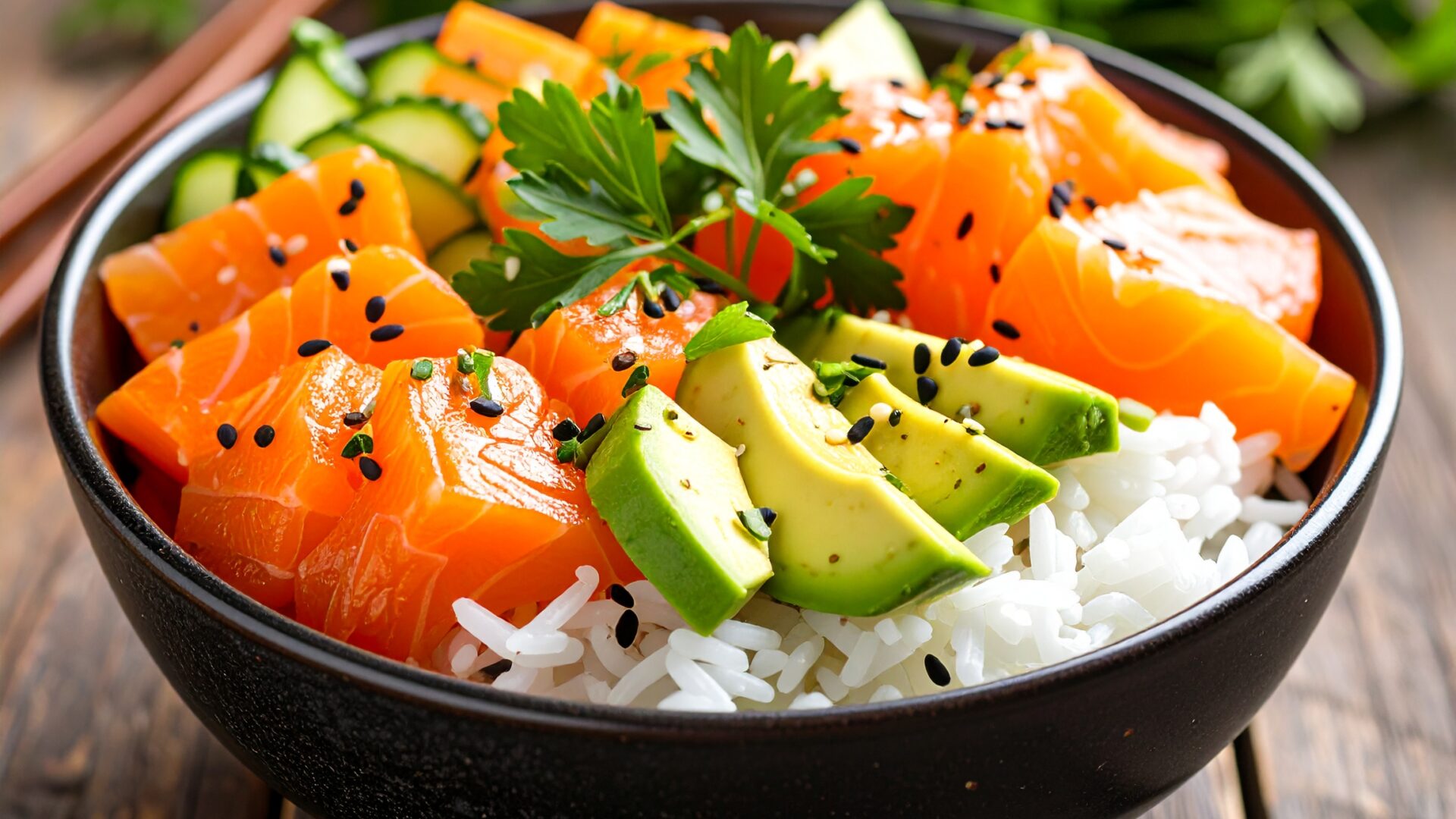 Bowl de riz, saumon fumé et légumes croquants