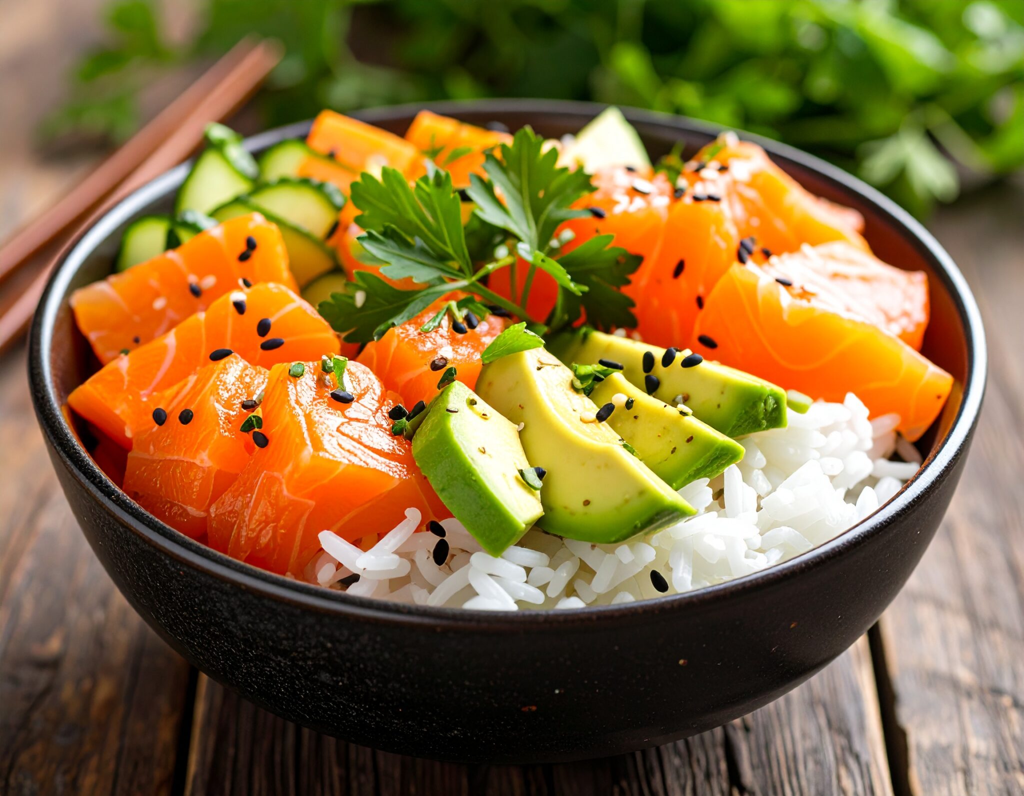 Bowl de riz, saumon fumé et légumes croquants