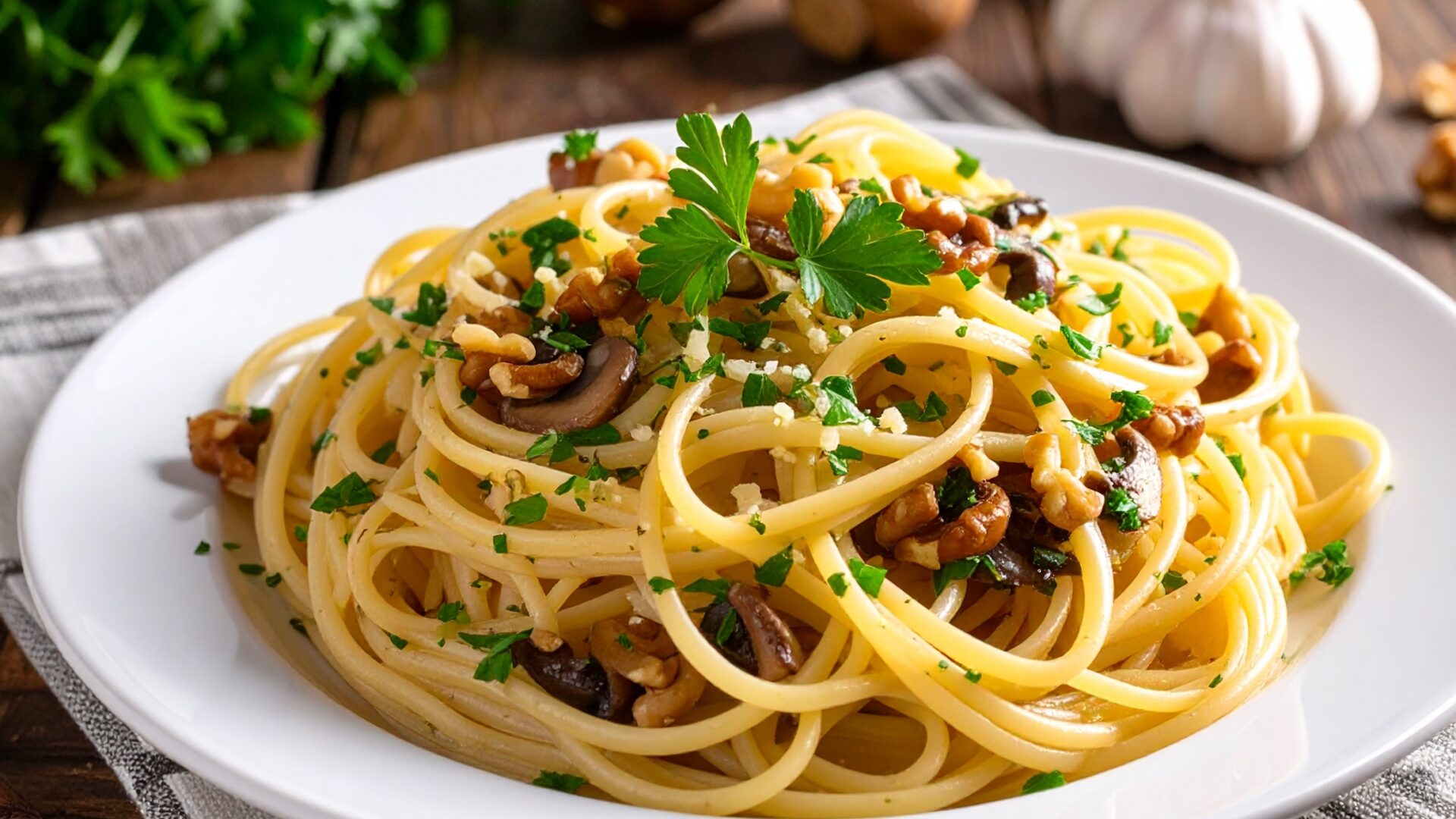 Linguines aux champignons, ail, persil et noix croquantes
