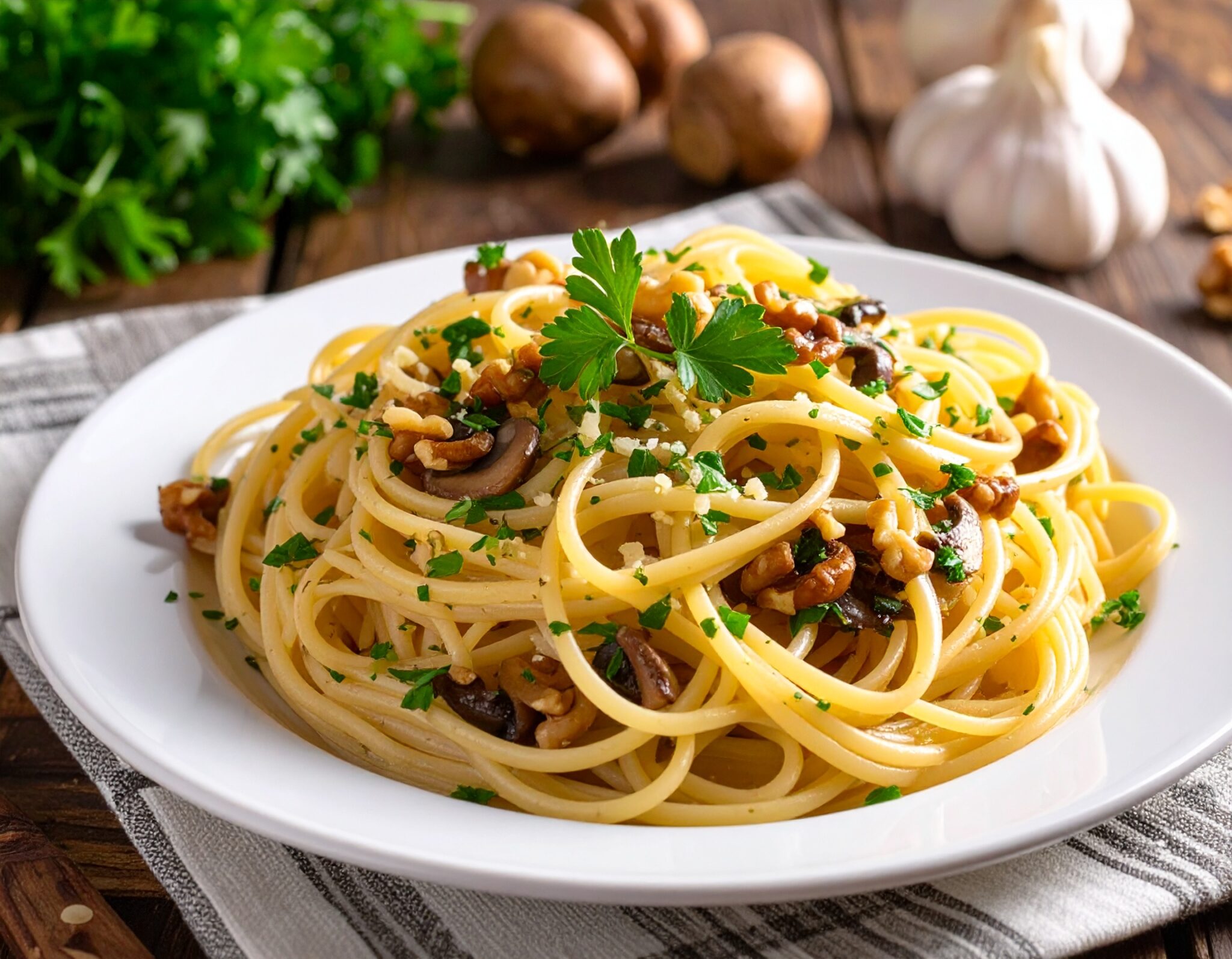 Linguines aux champignons, ail, persil et noix croquantes