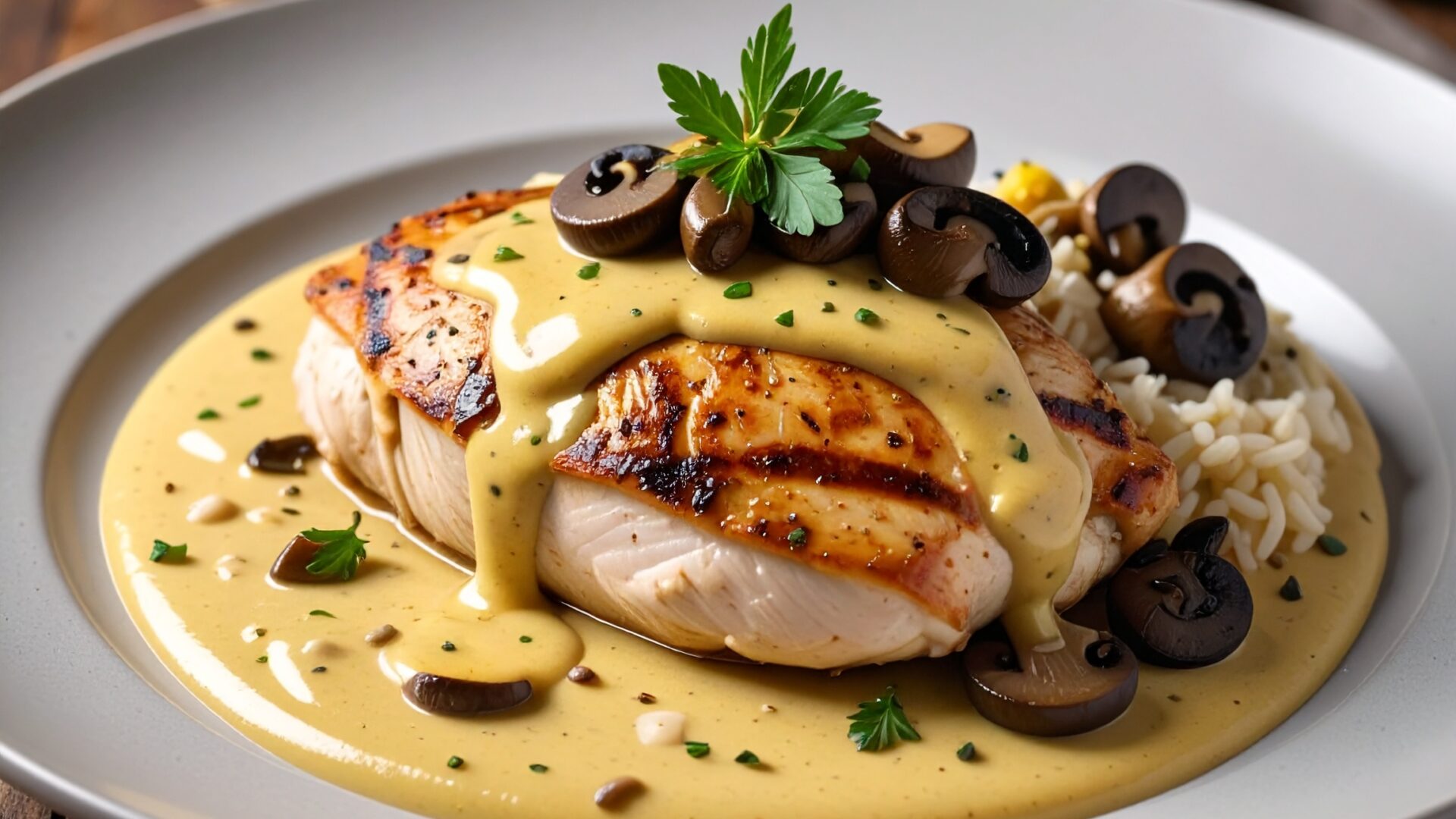 Filet de poulet sauce crème et moutarde et champignons et son riz de Camargue