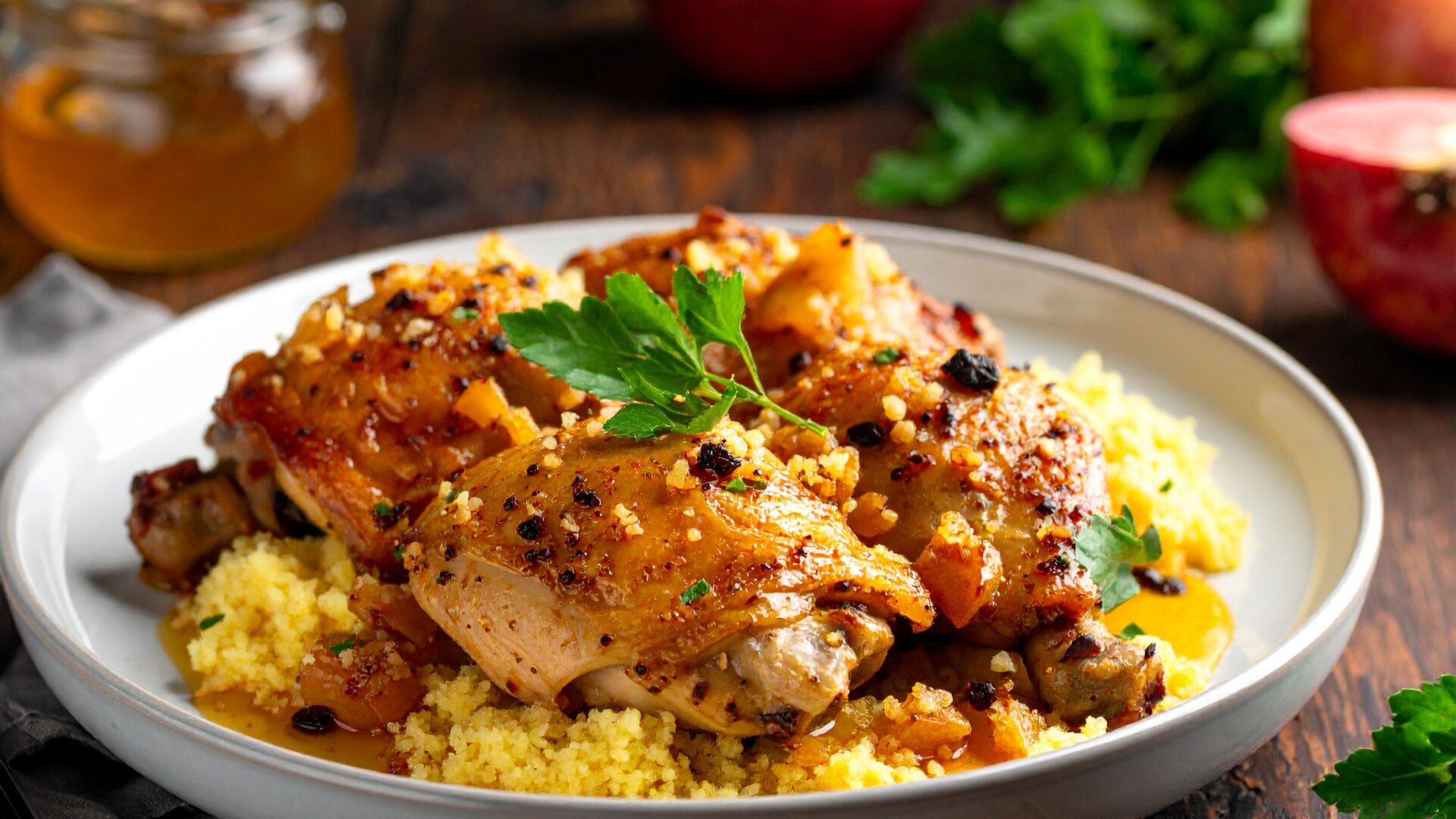 Cuisse de poulet rôti aux pomme, miel et semoule