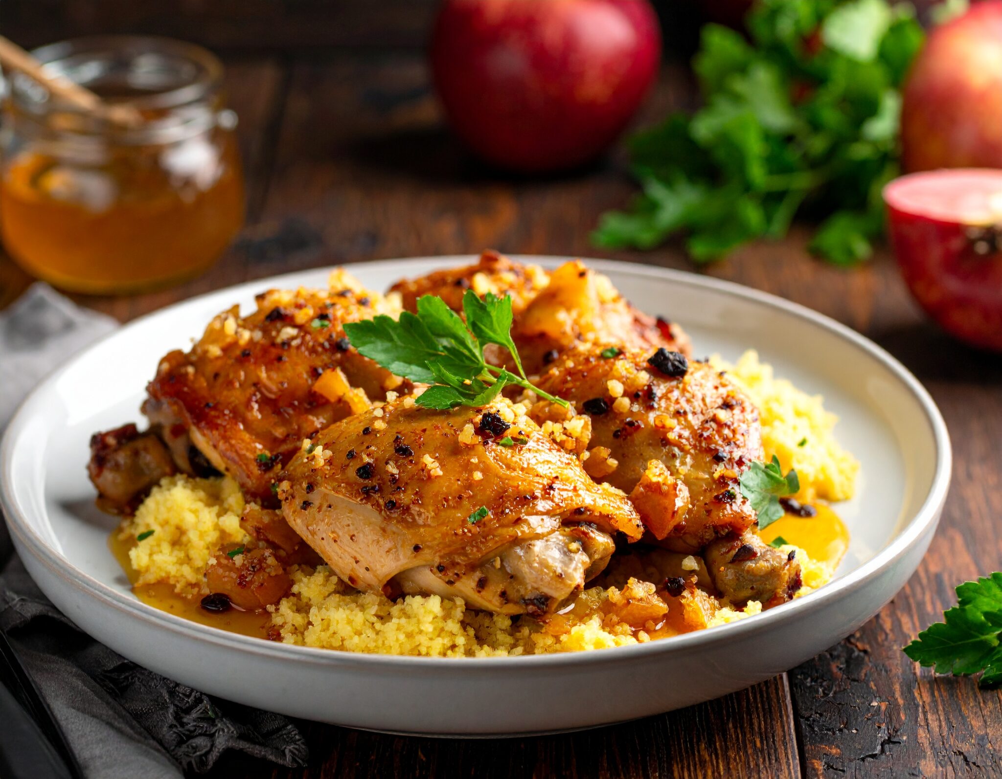 Cuisse de poulet rôti aux pomme, miel et semoule