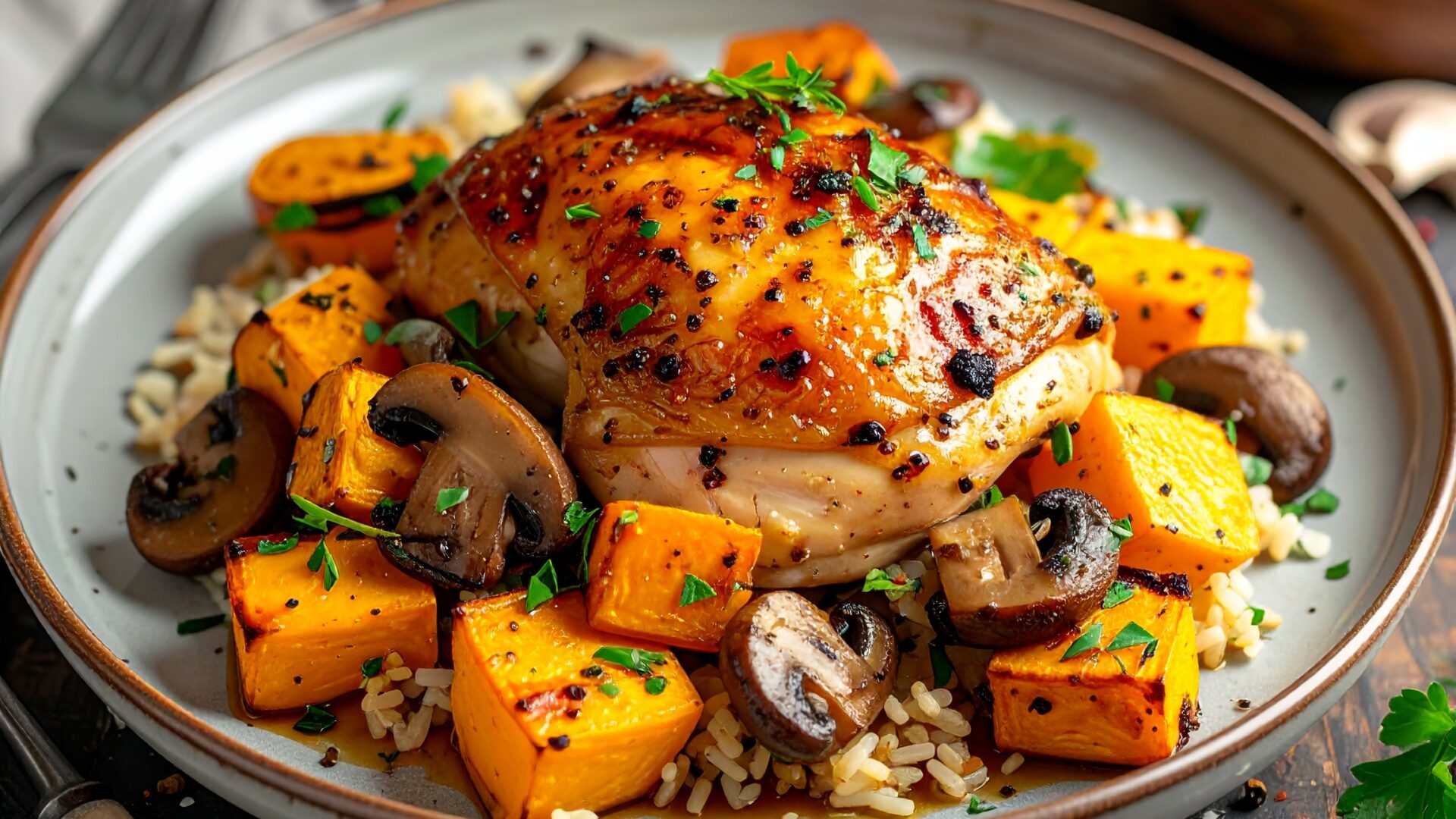 Poulet rôti aux courges, champignons et riz