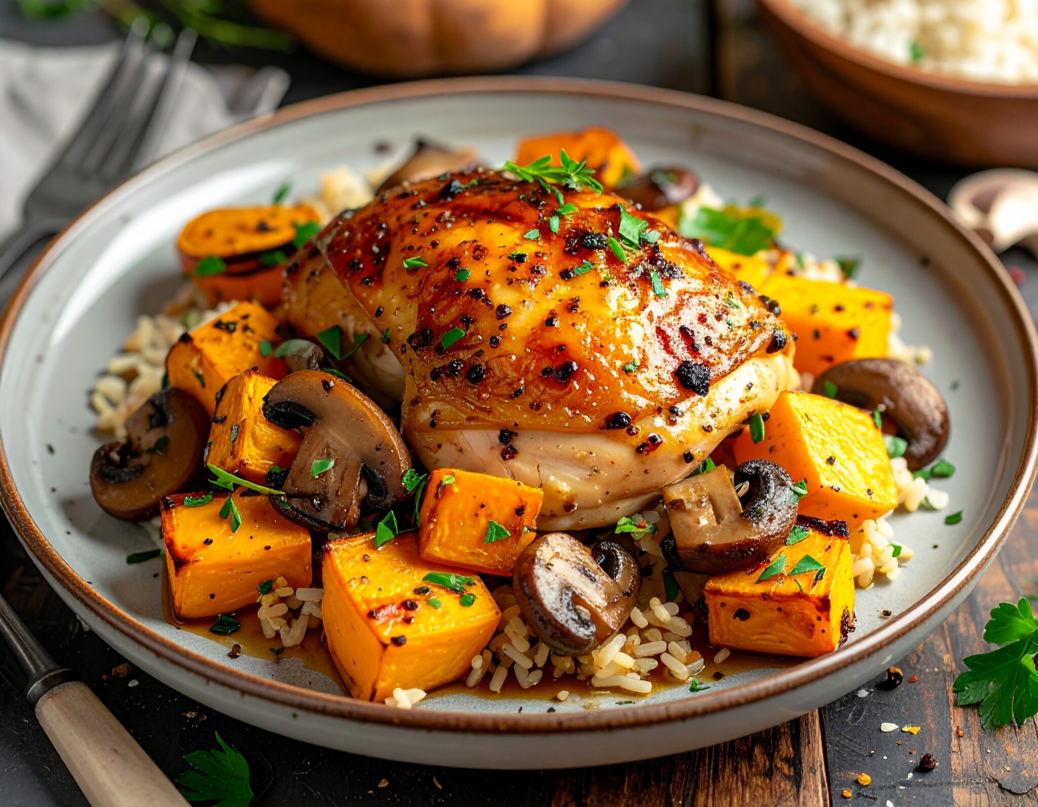 Poulet rôti aux courges, champignons et riz