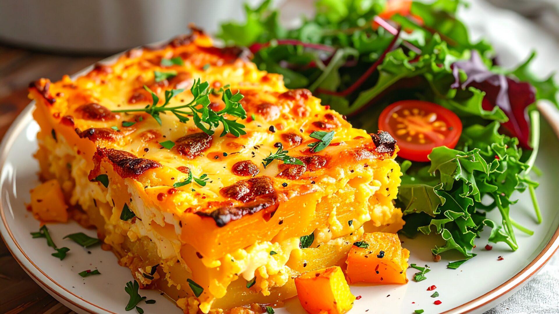 Gratin de Butternut, pommes de terre et salade verte