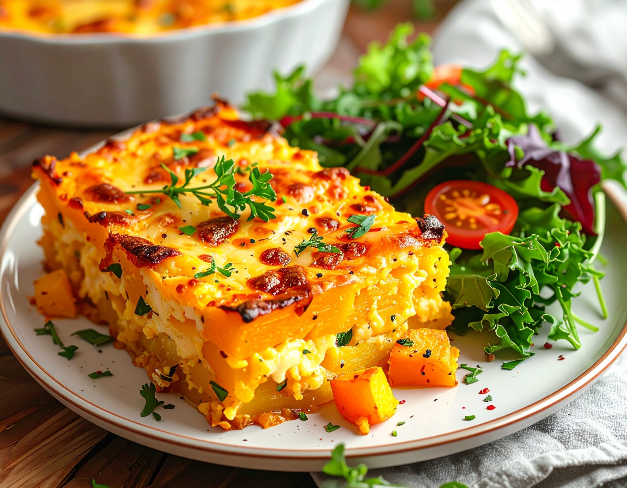 Gratin de Butternut, pommes de terre et salade verte