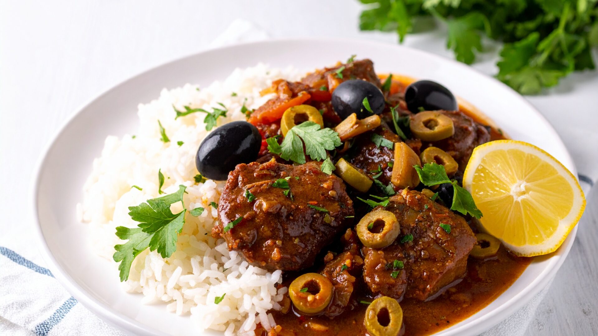 Mijoté de veau aux olives et citron et riz de Camargue