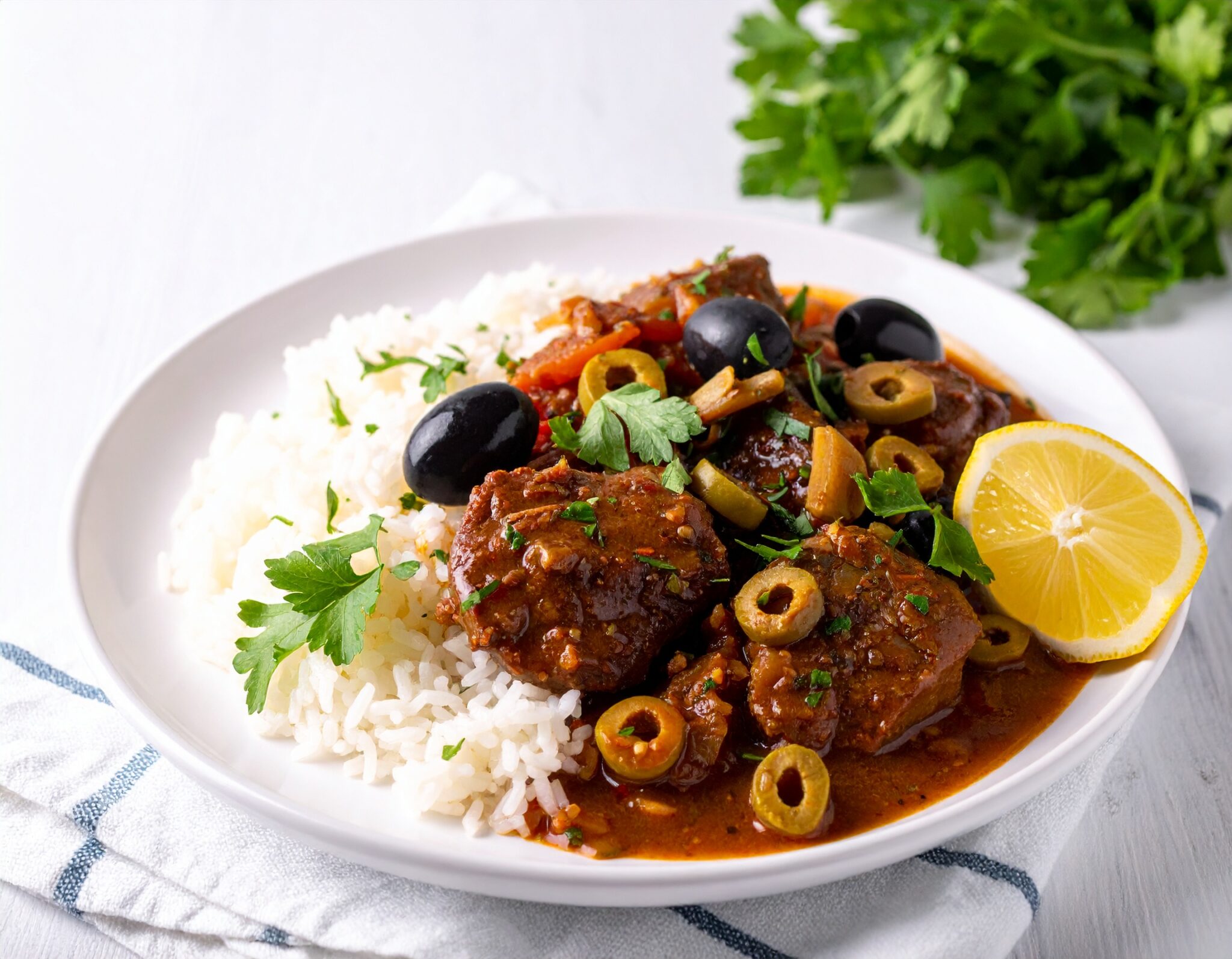 Mijoté de veau aux olives et citron et riz de Camargue