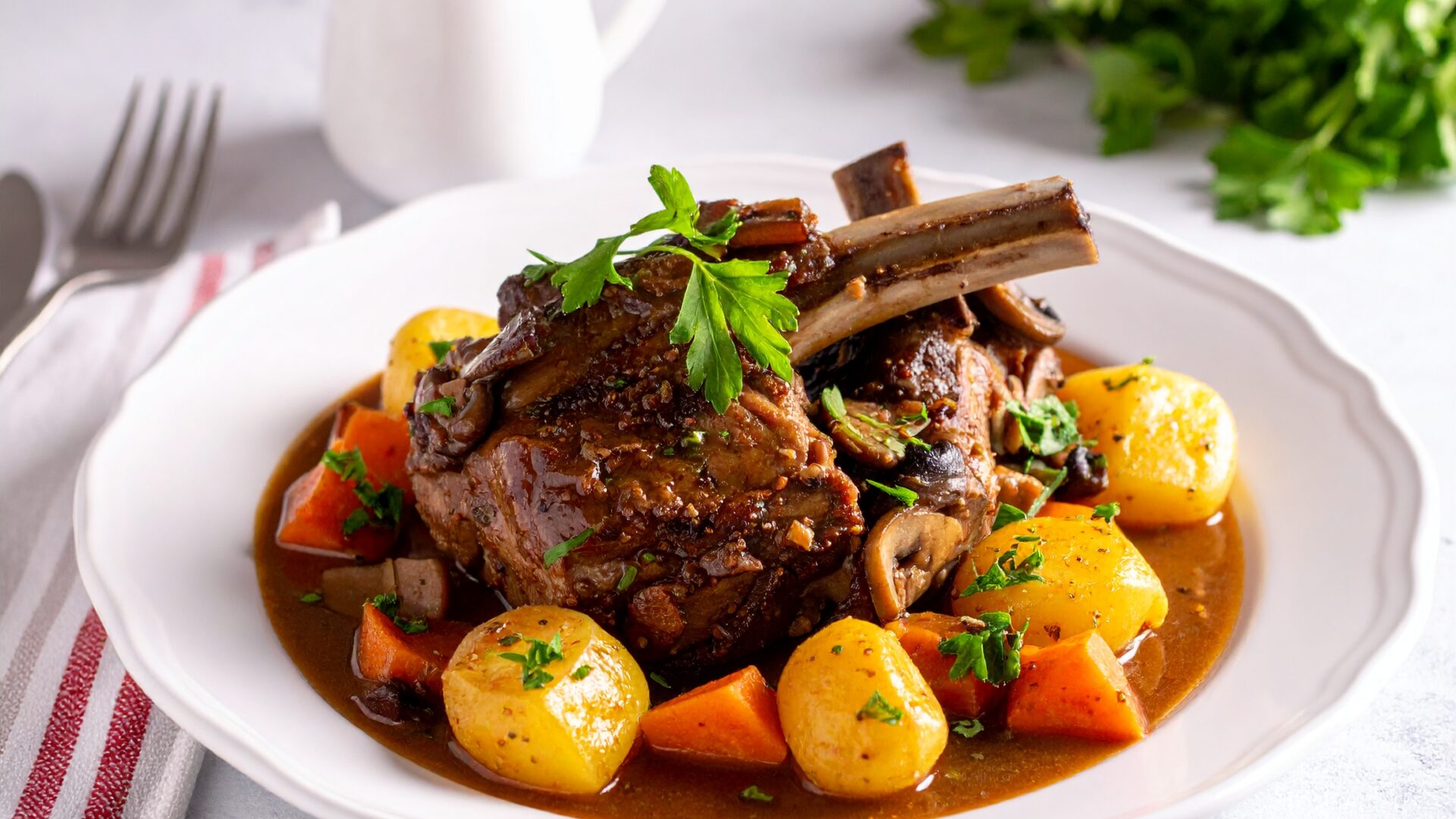 Epaule d'agneau mijotée aux carottes, champignons et pomme de terre