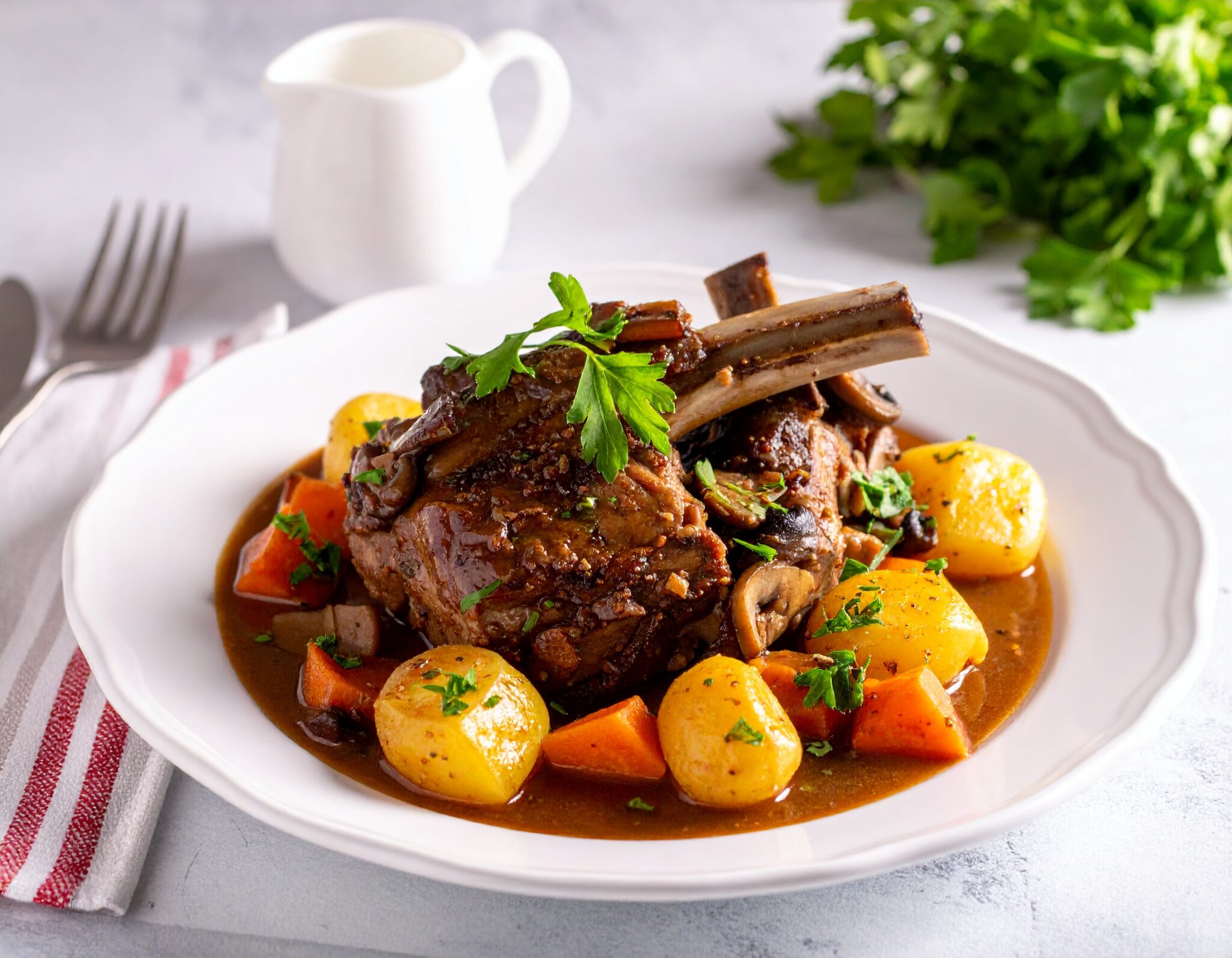 Epaule d'agneau mijotée aux carottes, champignons et pomme de terre
