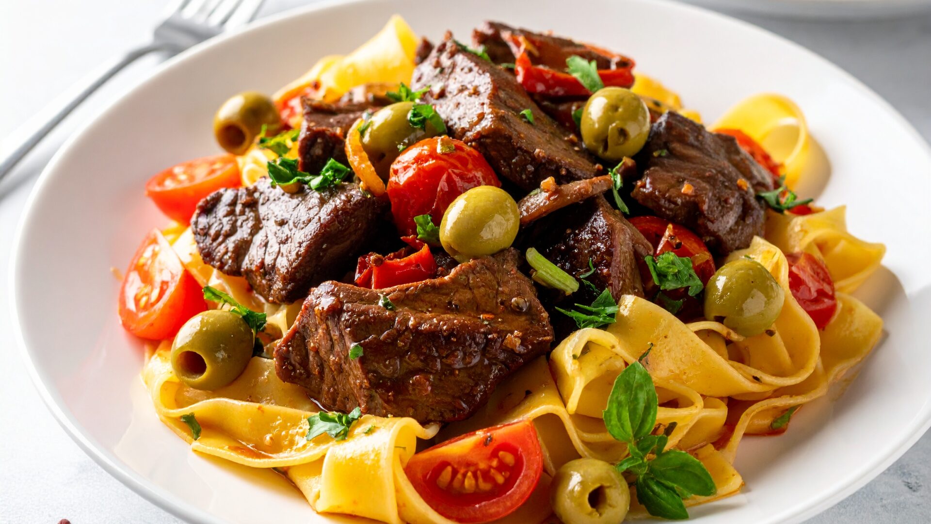 Sauté de boeuf aux olives et tomates et tagliatelles