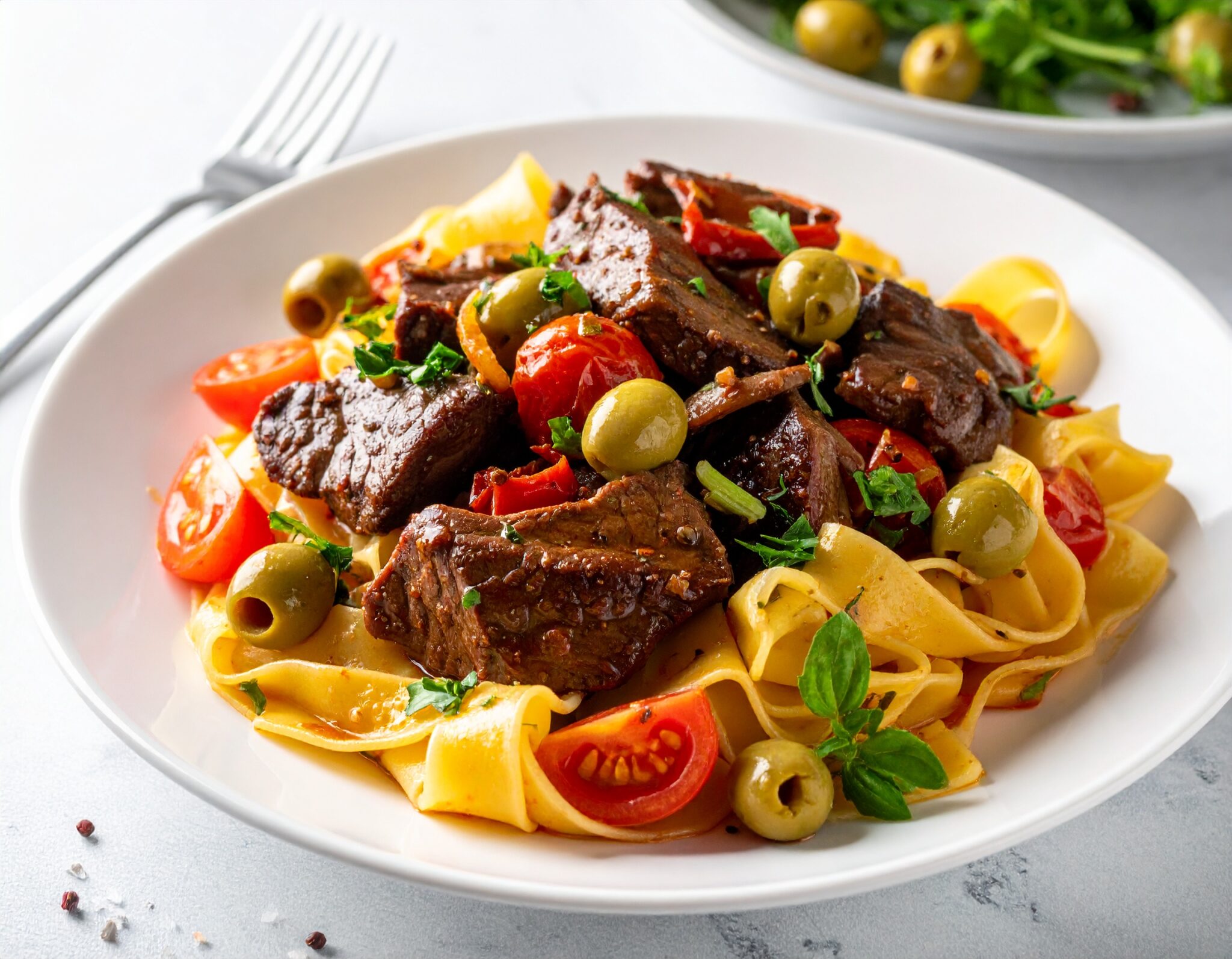 Sauté de boeuf aux olives et tomates et tagliatelles