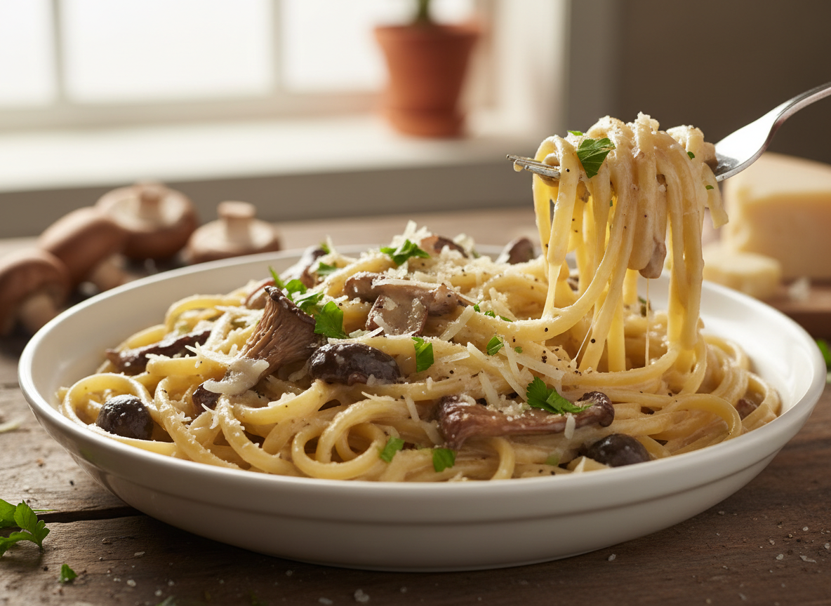 Linguines forestières et duo de fromage