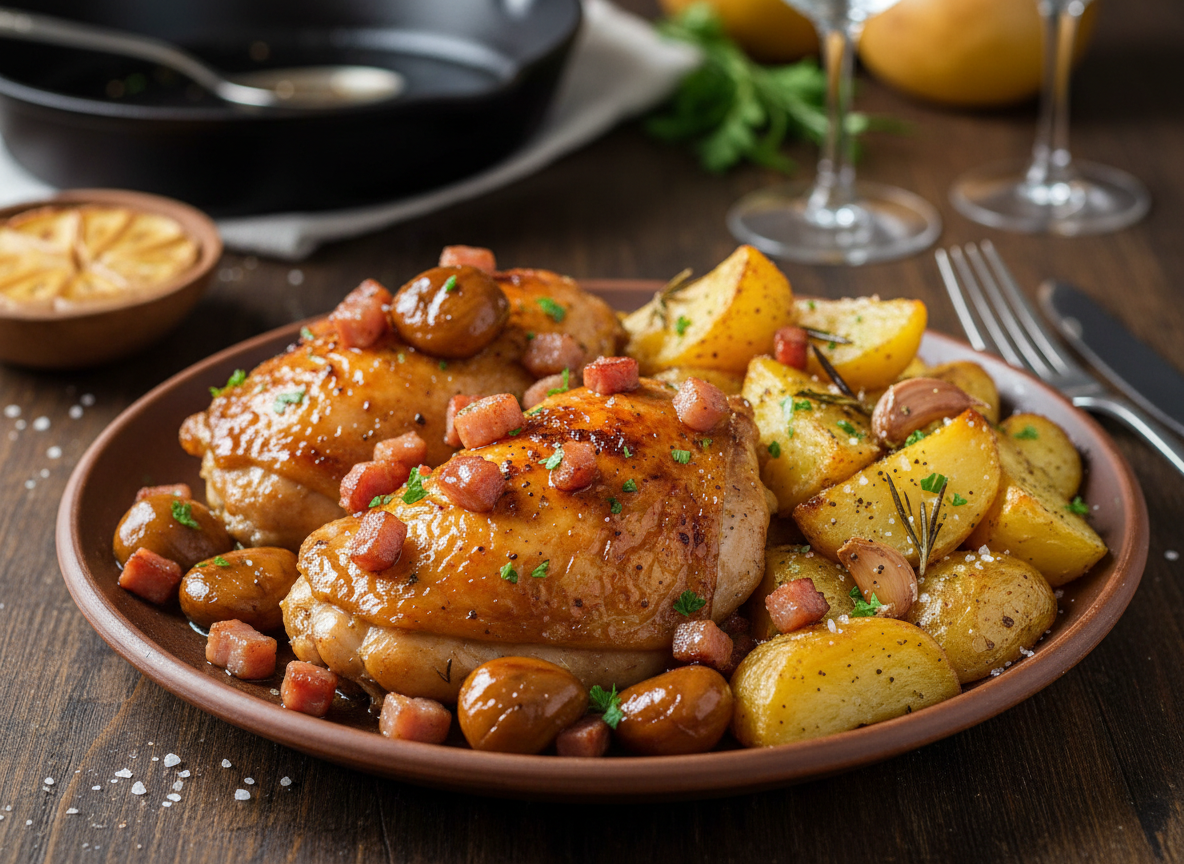 Cuisse de poulet sauce aux marrons, lardons et pomme de terre rôties