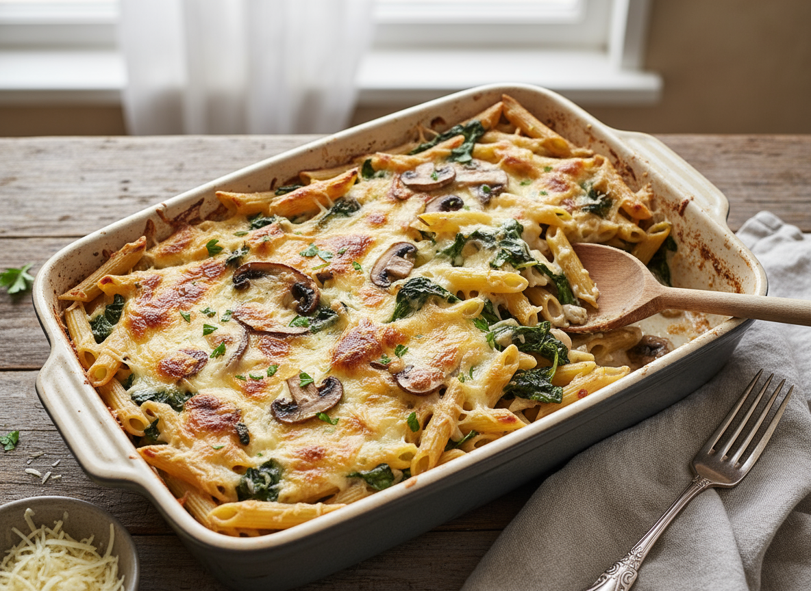 Gratin de penne champignons et épinards
