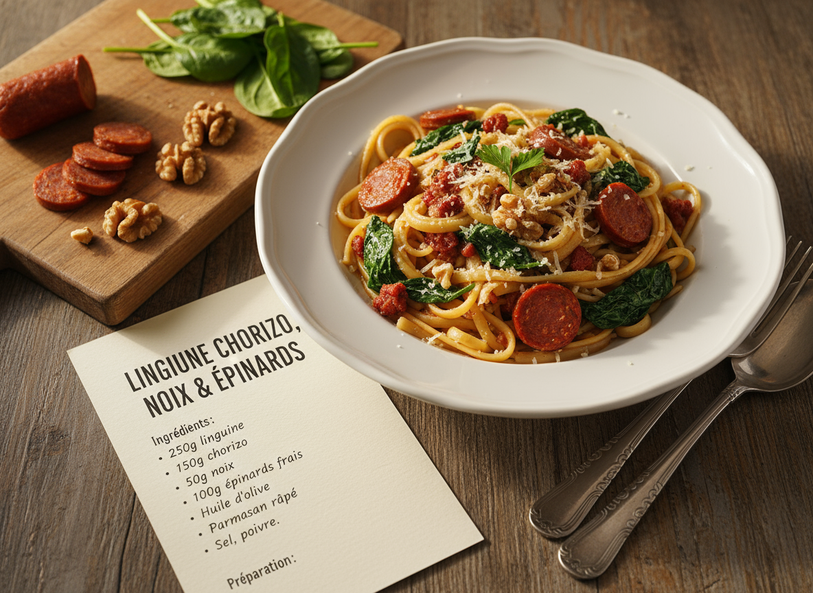 Linguines chorizo, noix et épinards