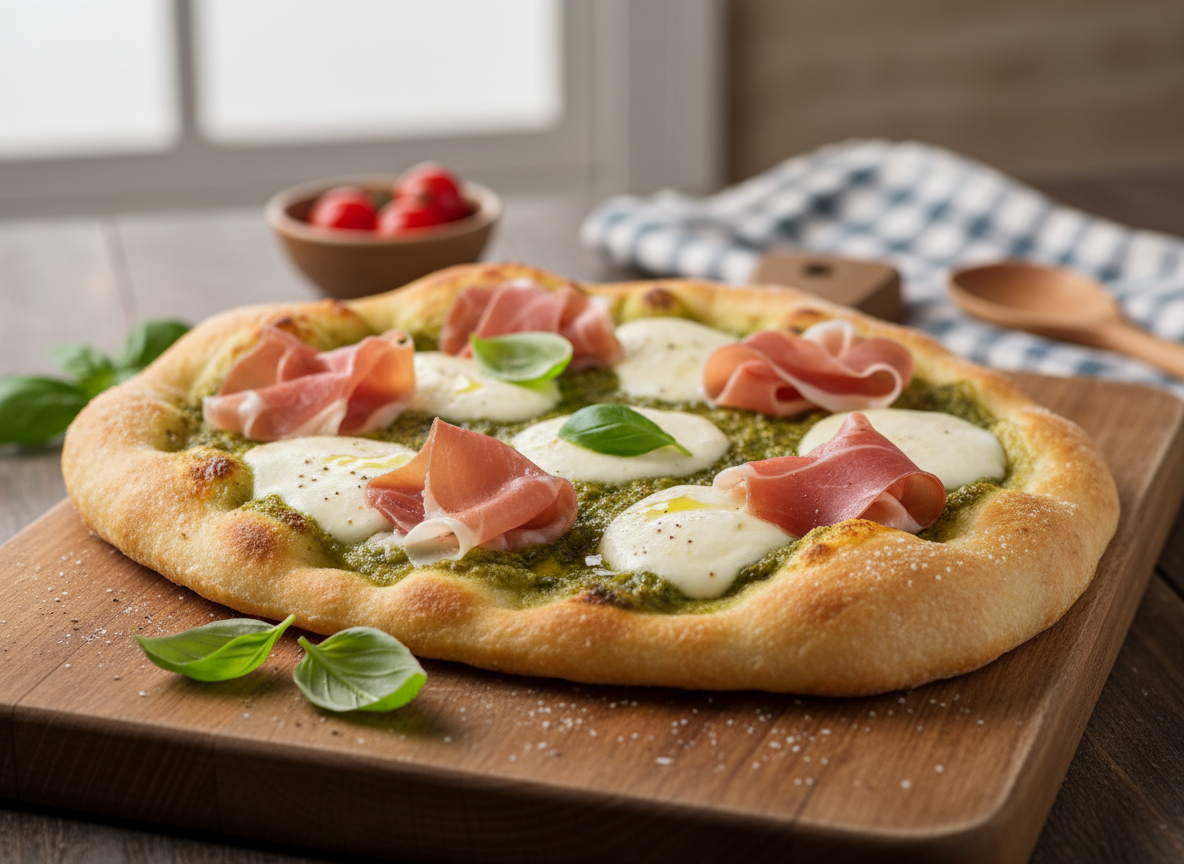 Pinsa au pesto, mozzarella et jambon