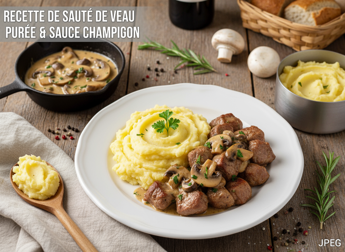 Sauté de veau, purée et sauce champignons